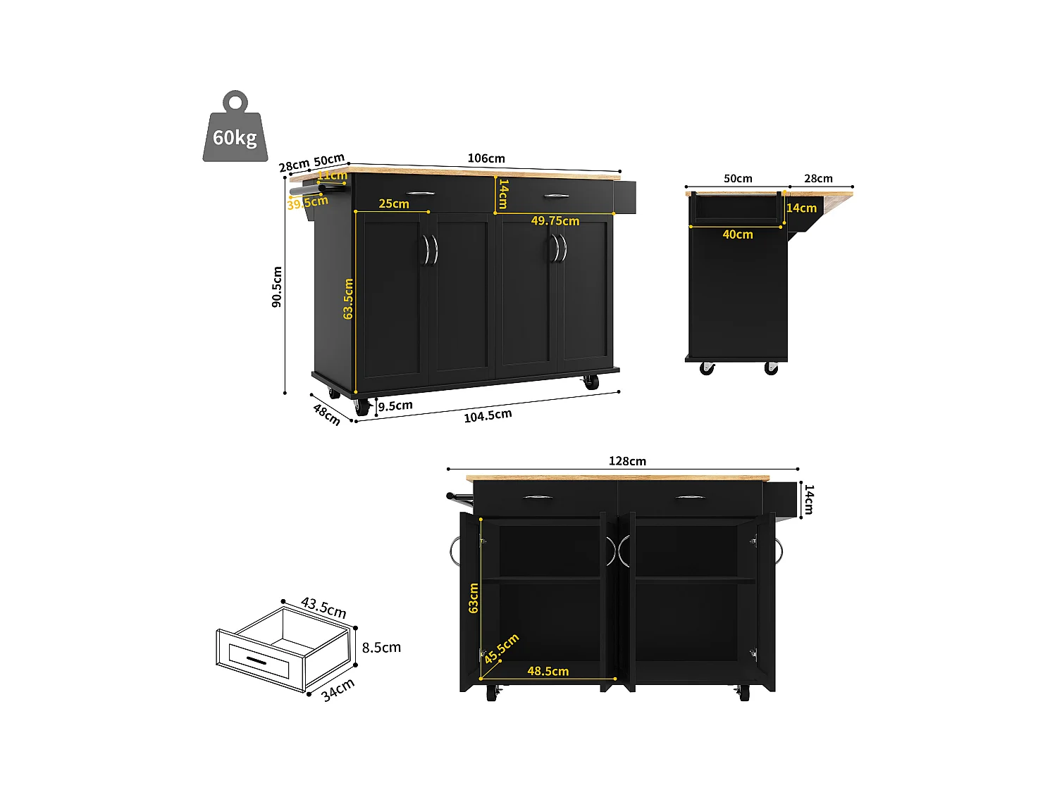 Carrinho de cozinha móvel preto - Ilha de cozinha central com 2 gavetas e 4 portas - porta-temperos e toalheiro