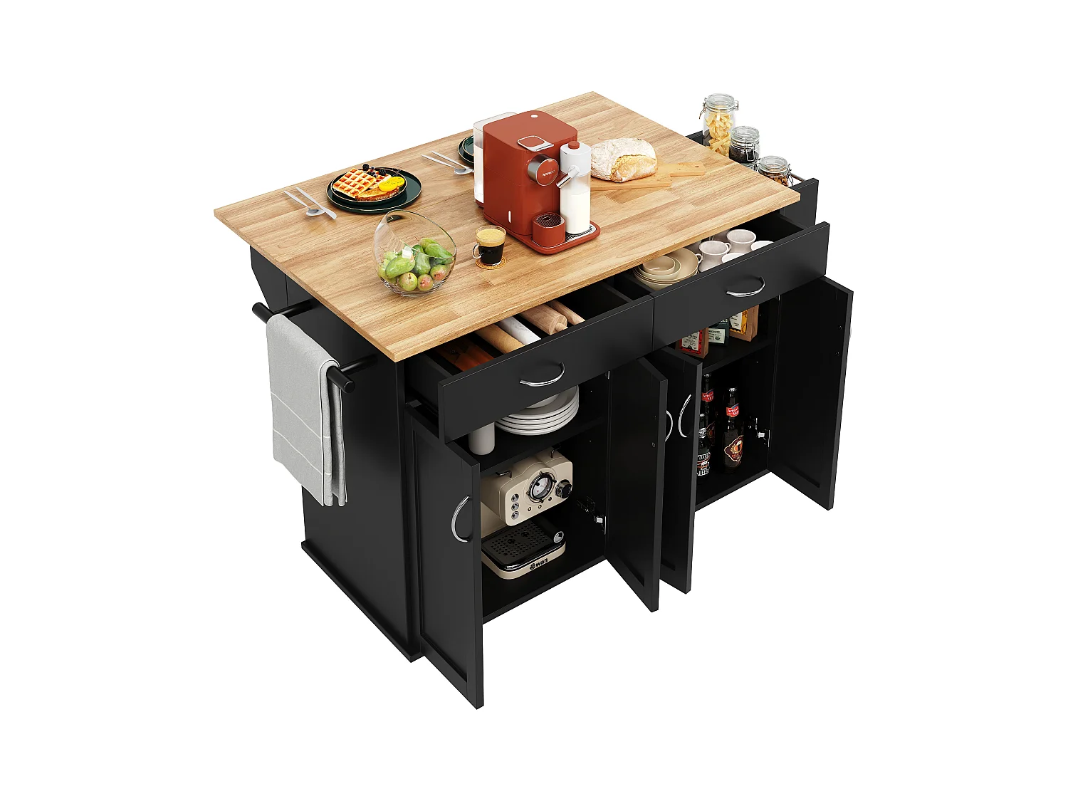 Carrinho de cozinha móvel preto - Ilha de cozinha central com 2 gavetas e 4 portas - porta-temperos e toalheiro