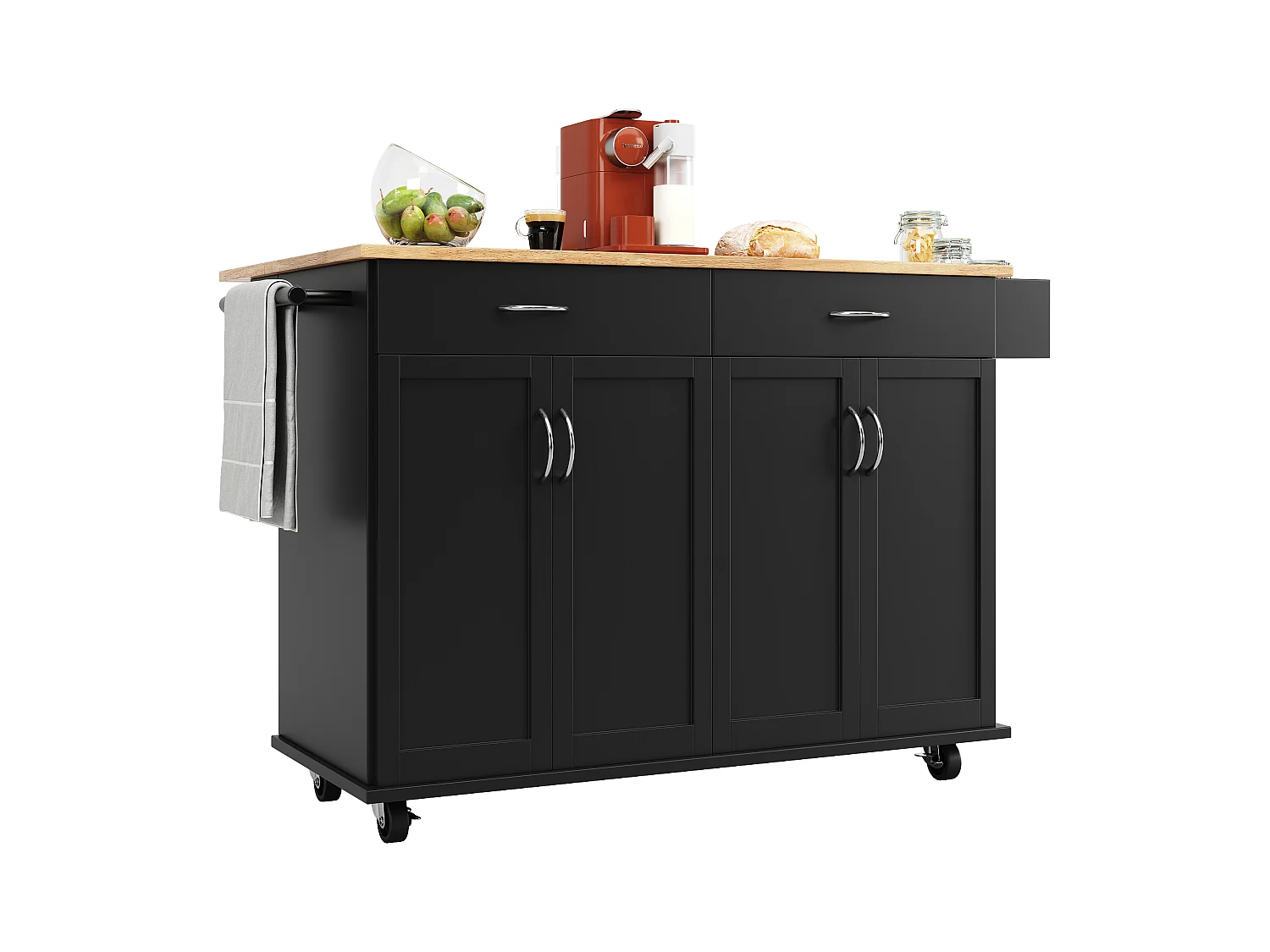 Carrinho de cozinha móvel preto - Ilha de cozinha central com 2 gavetas e 4 portas - porta-temperos e toalheiro