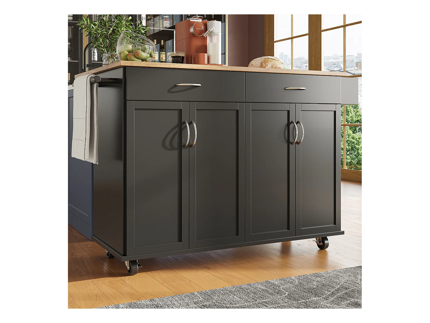 Desserte de cuisine mobile noire - Îlot central de cuisine avec 2 tiroirs et 4 portes - etagère à épices et porte-serviettes