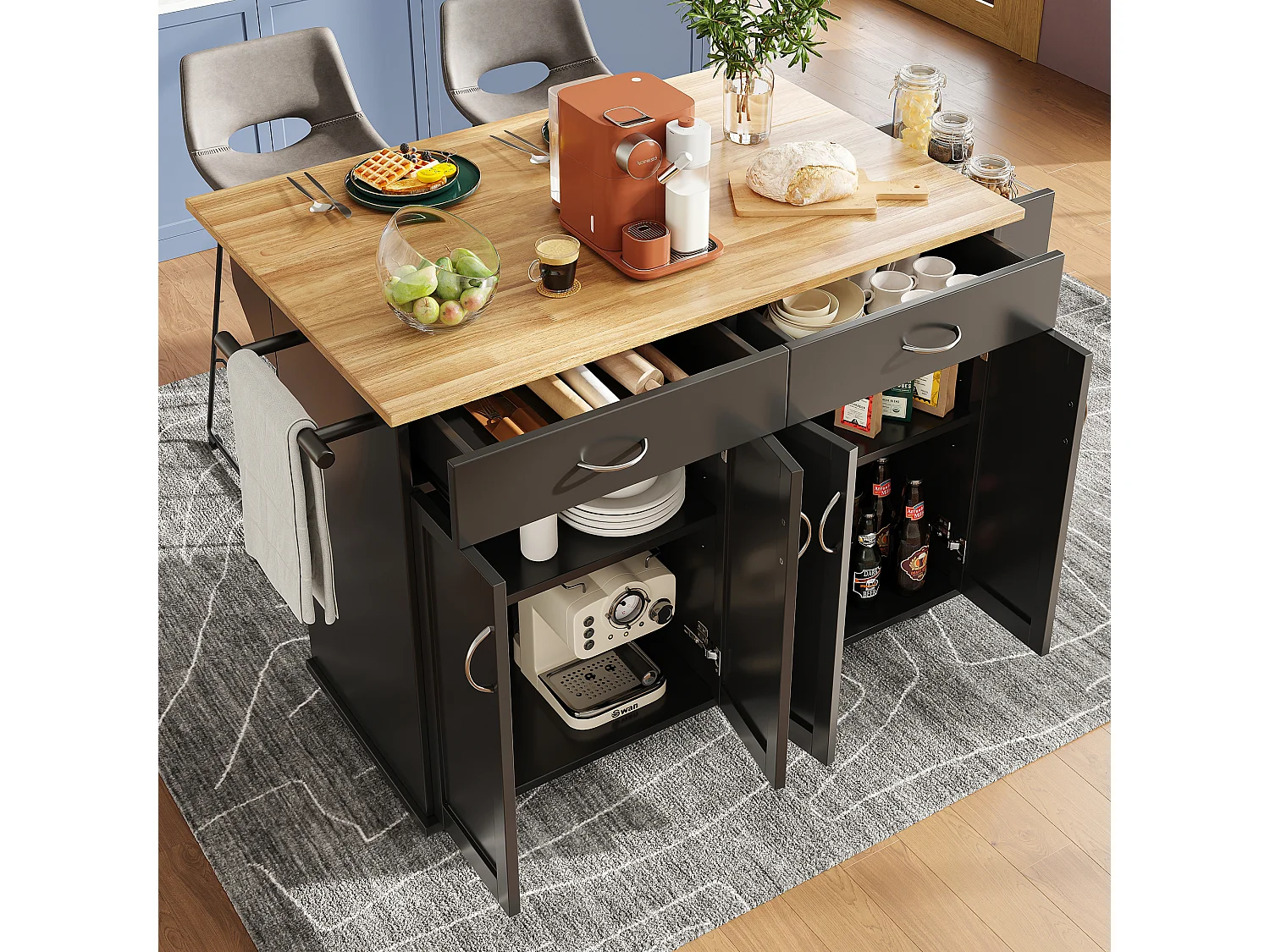 Czarny mobilny wózek kuchenny – Centralna wyspa kuchenna z 2 szufladami i 4 drzwiami – półka na przyprawy i wieszak na ręczniki