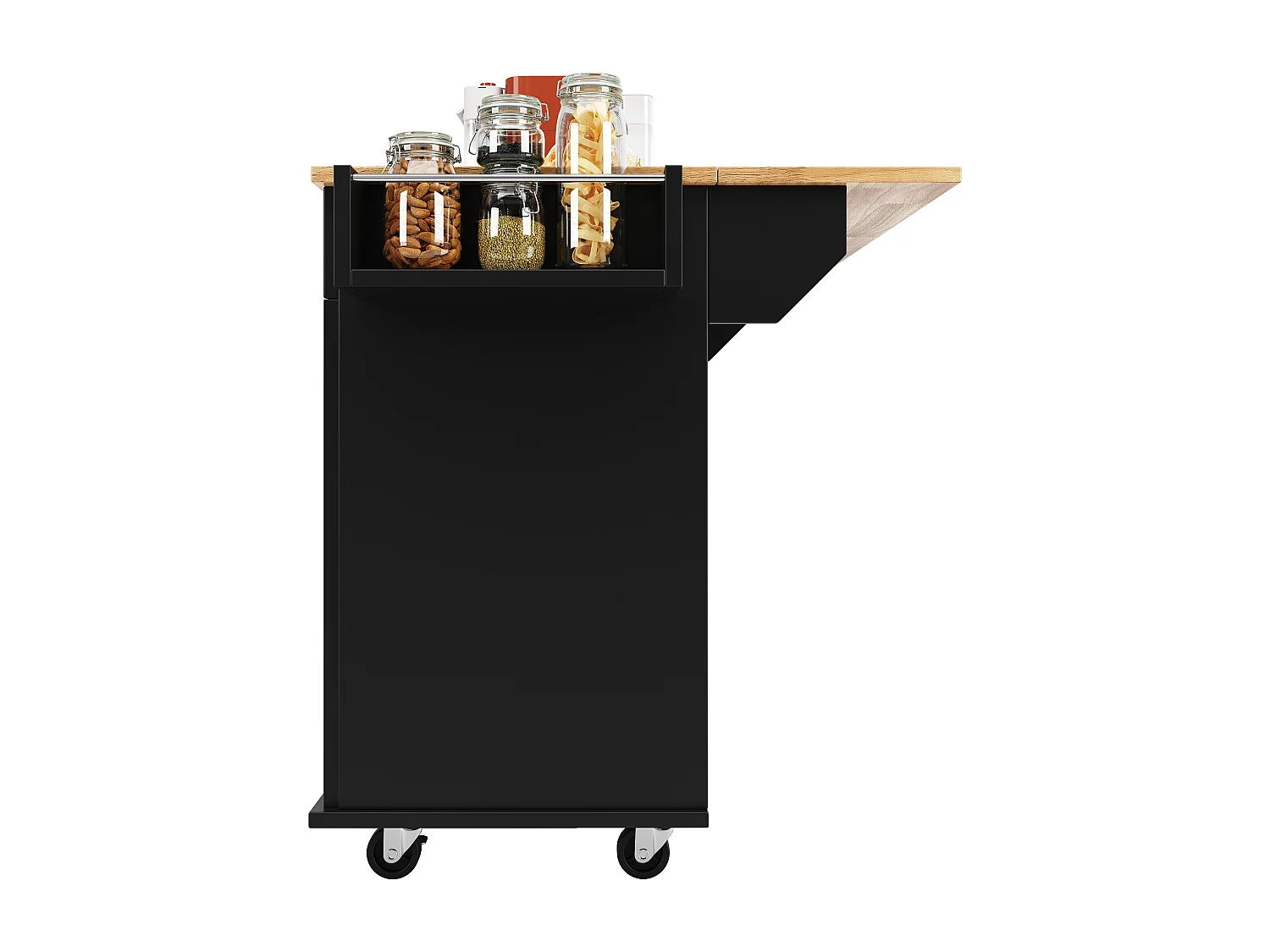 Czarny mobilny wózek kuchenny – Centralna wyspa kuchenna z 2 szufladami i 4 drzwiami – półka na przyprawy i wieszak na ręczniki