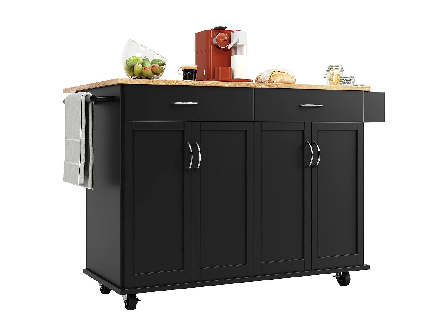 Czarny mobilny wózek kuchenny – Centralna wyspa kuchenna z 2 szufladami i 4 drzwiami – półka na przyprawy i wieszak na ręczniki