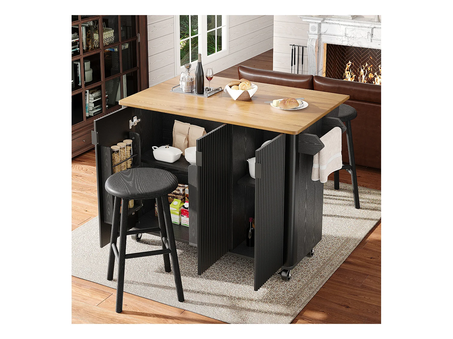 Desserte de cuisine noire avec plateau rabattable - Îlot central de cuisine 3 portes avec porte-serviettes - etagères réglables