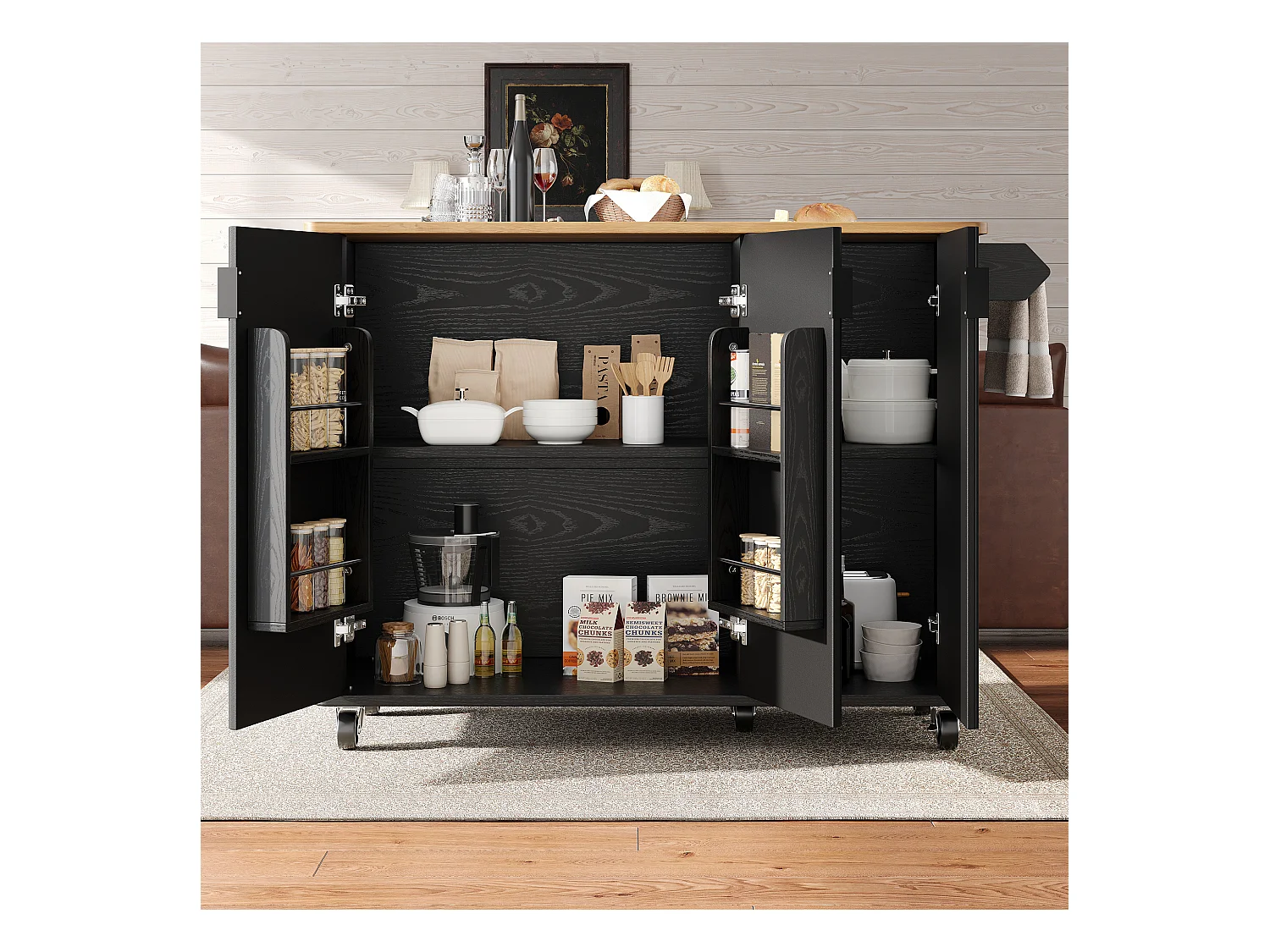 Desserte de cuisine noire avec plateau rabattable - Îlot central de cuisine 3 portes avec porte-serviettes - etagères réglables