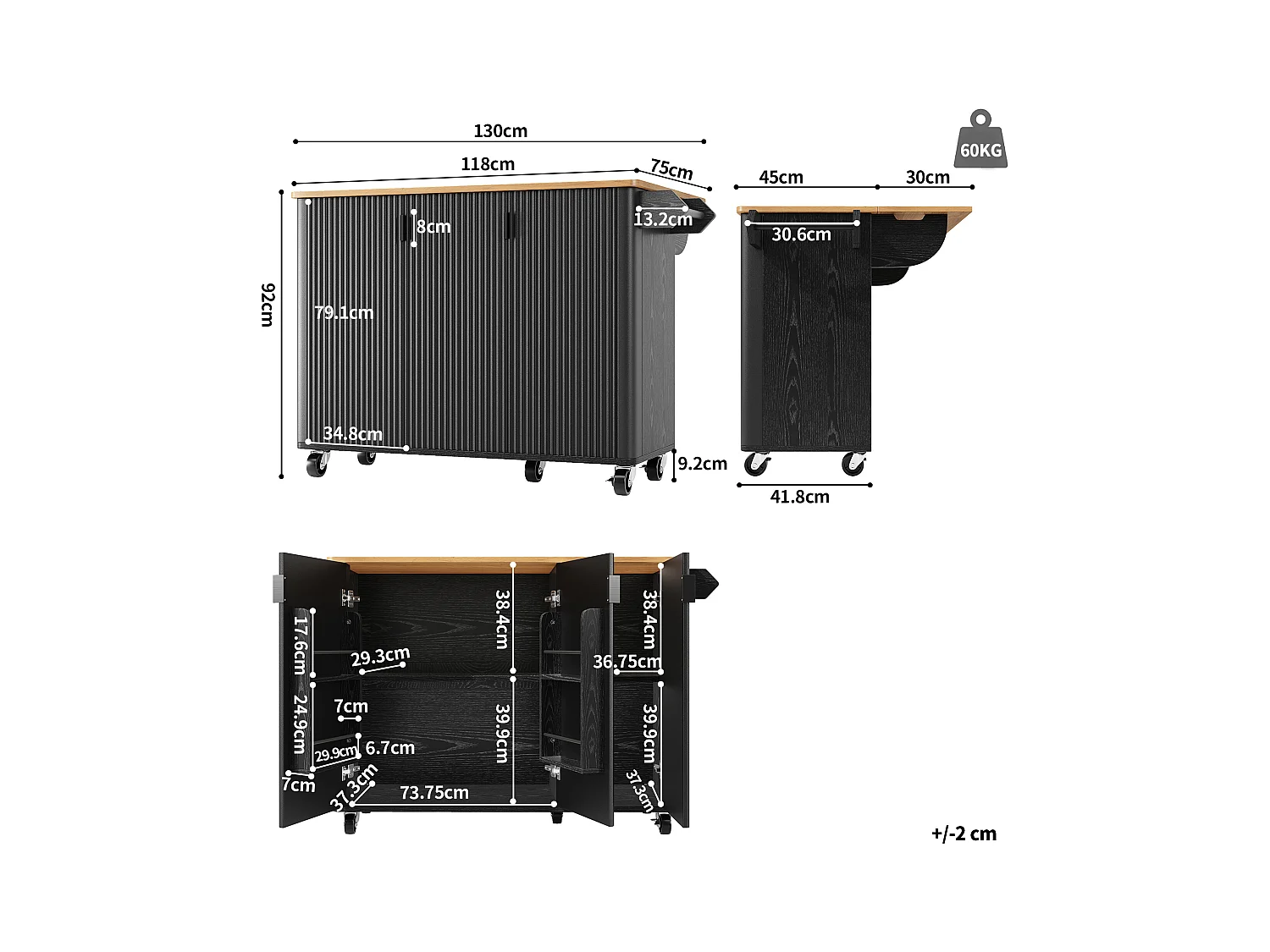 Desserte de cuisine noire avec plateau rabattable - Îlot central de cuisine 3 portes avec porte-serviettes - etagères réglables