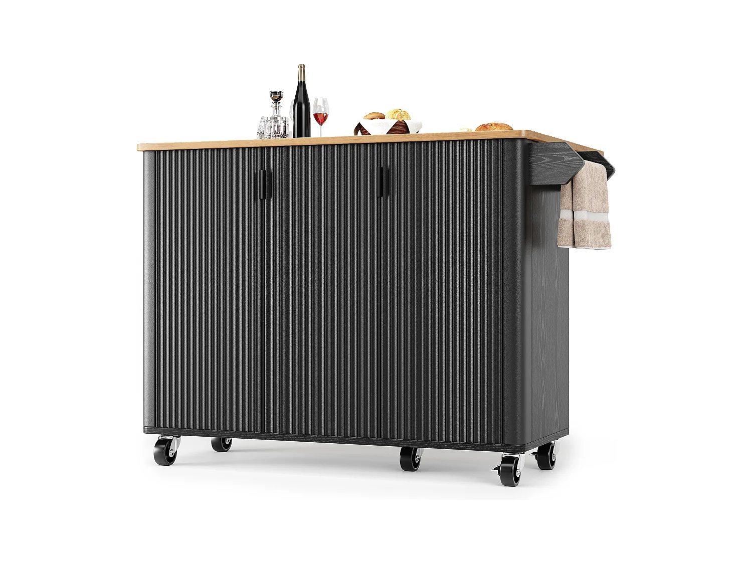 Desserte de cuisine noire avec plateau rabattable - Îlot central de cuisine 3 portes avec porte-serviettes - etagères réglables