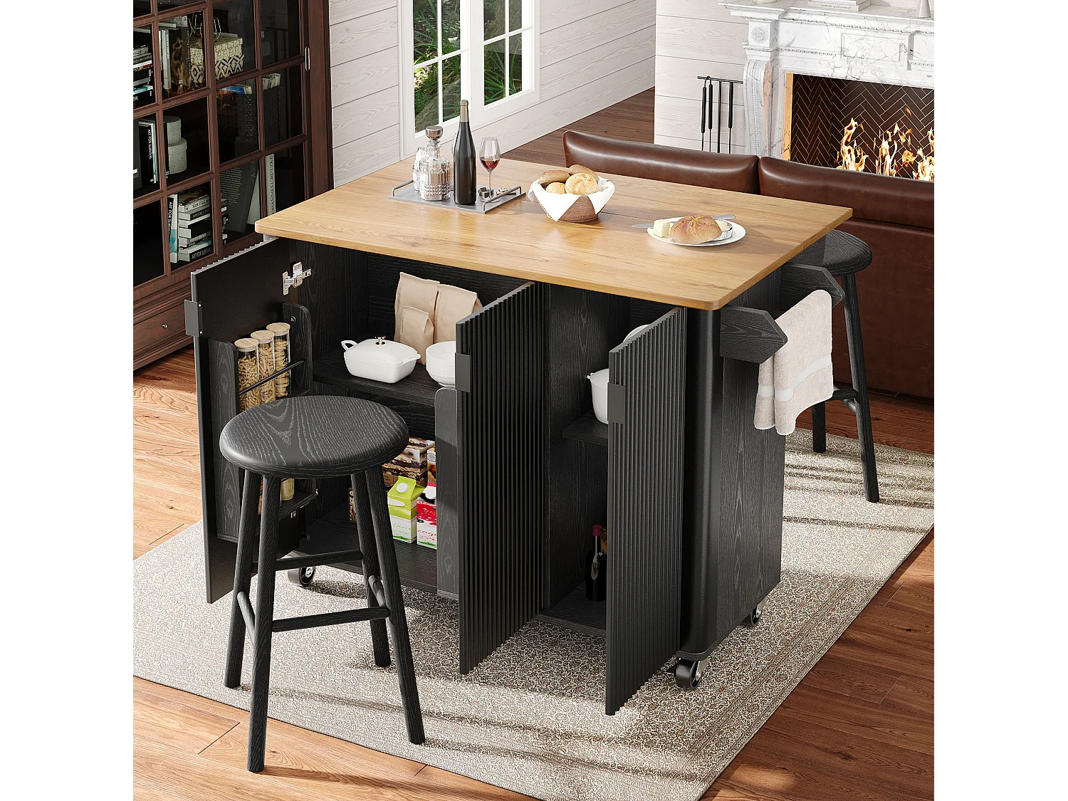 Desserte de cuisine noire avec plateau rabattable - Îlot central de cuisine 3 portes avec porte-serviettes - etagères réglables