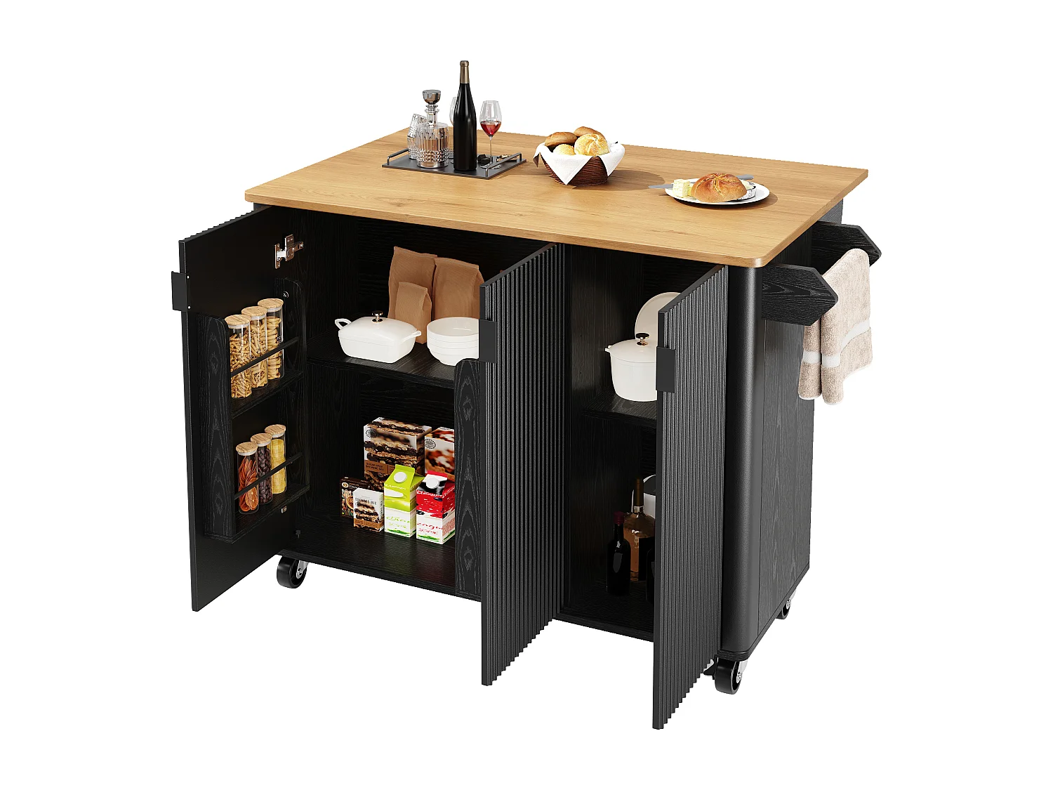 Desserte de cuisine noire avec plateau rabattable - Îlot central de cuisine 3 portes avec porte-serviettes - etagères réglables