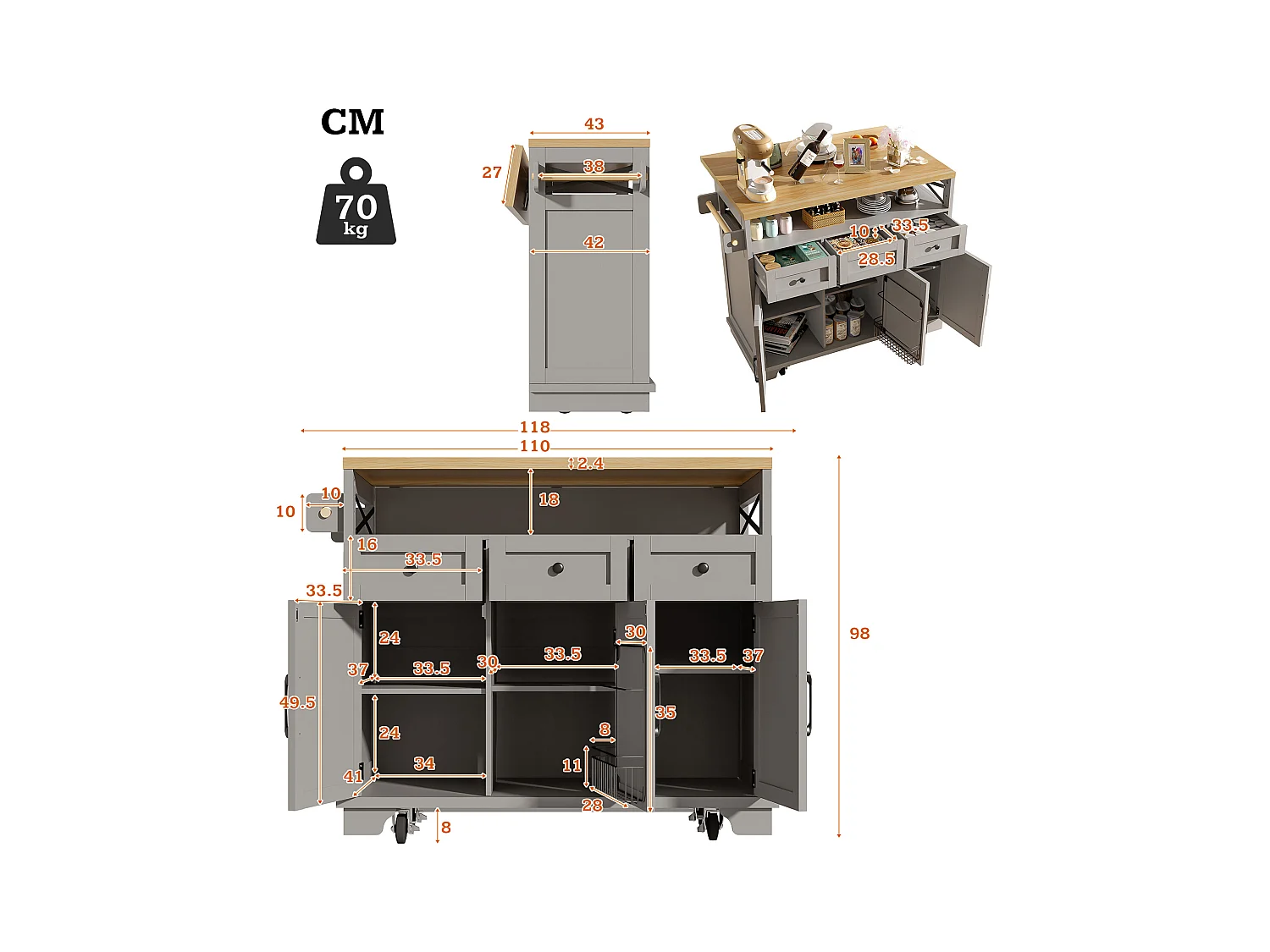 Ilha de cozinha cinzenta com 3 portas e 3 gavetas - Carrinho de cozinha com toalheiro e compartimento aberto - compartimento rebatível