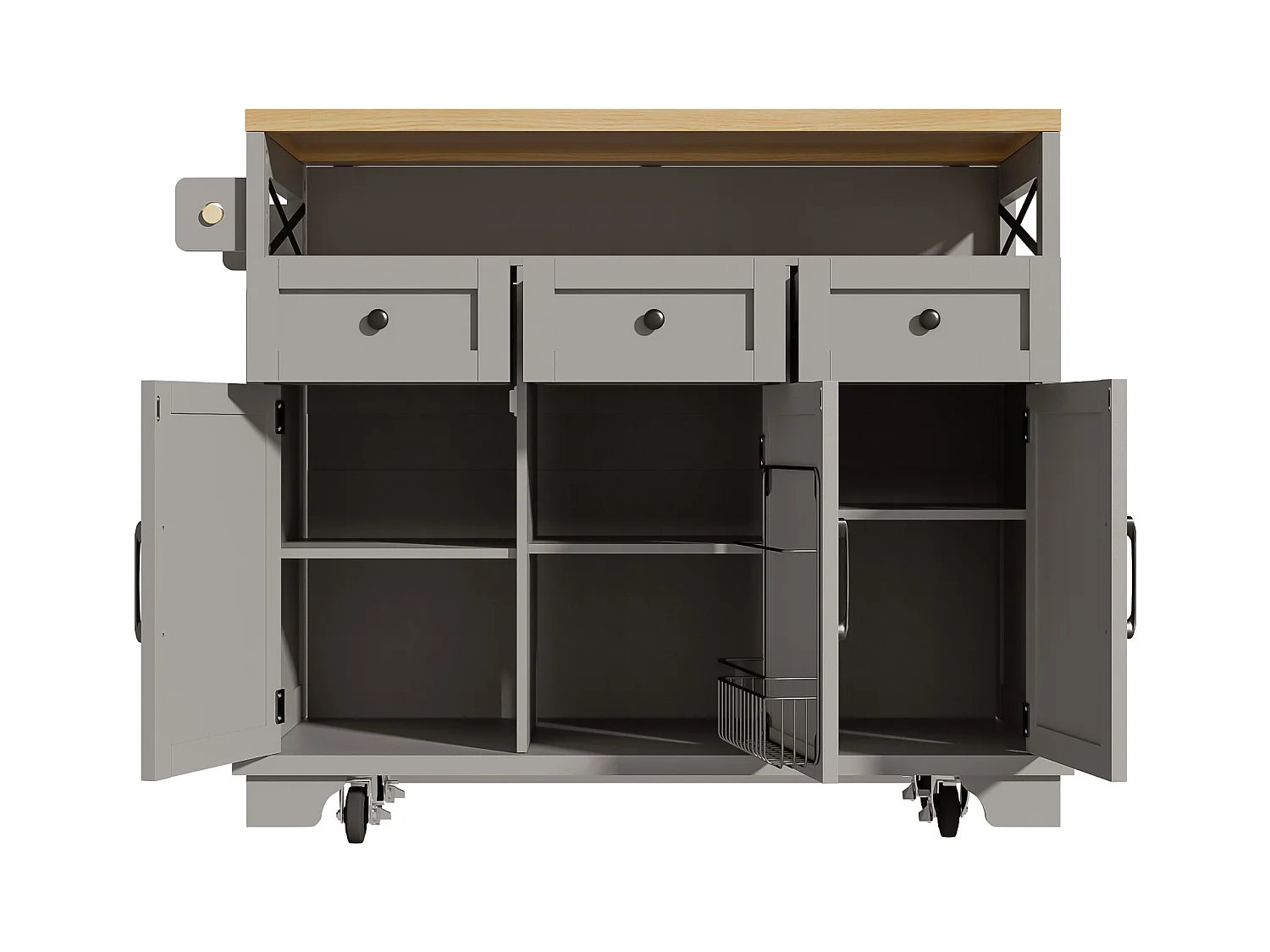 Ilha de cozinha cinzenta com 3 portas e 3 gavetas - Carrinho de cozinha com toalheiro e compartimento aberto - compartimento rebatível