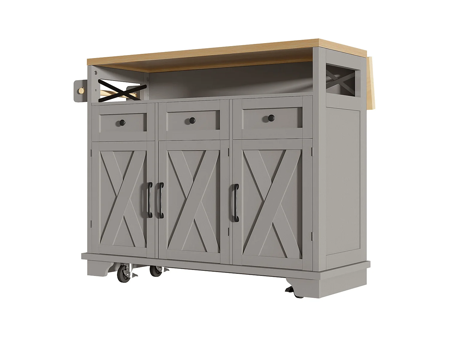 Ilha de cozinha cinzenta com 3 portas e 3 gavetas - Carrinho de cozinha com toalheiro e compartimento aberto - compartimento rebatível