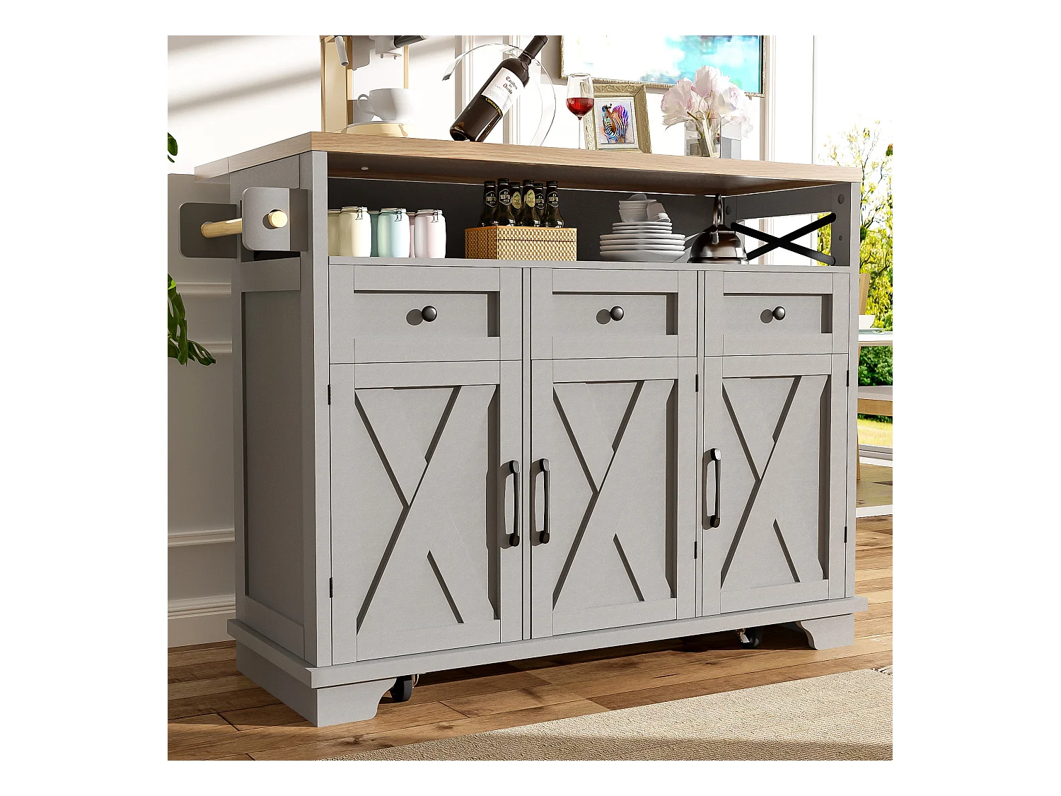 Îlot central de cuisine gris à 3 portes et 3 tiroirs - Desserte de cuisine avec porte-serviettes et rangement ouvert - plateau pliable
