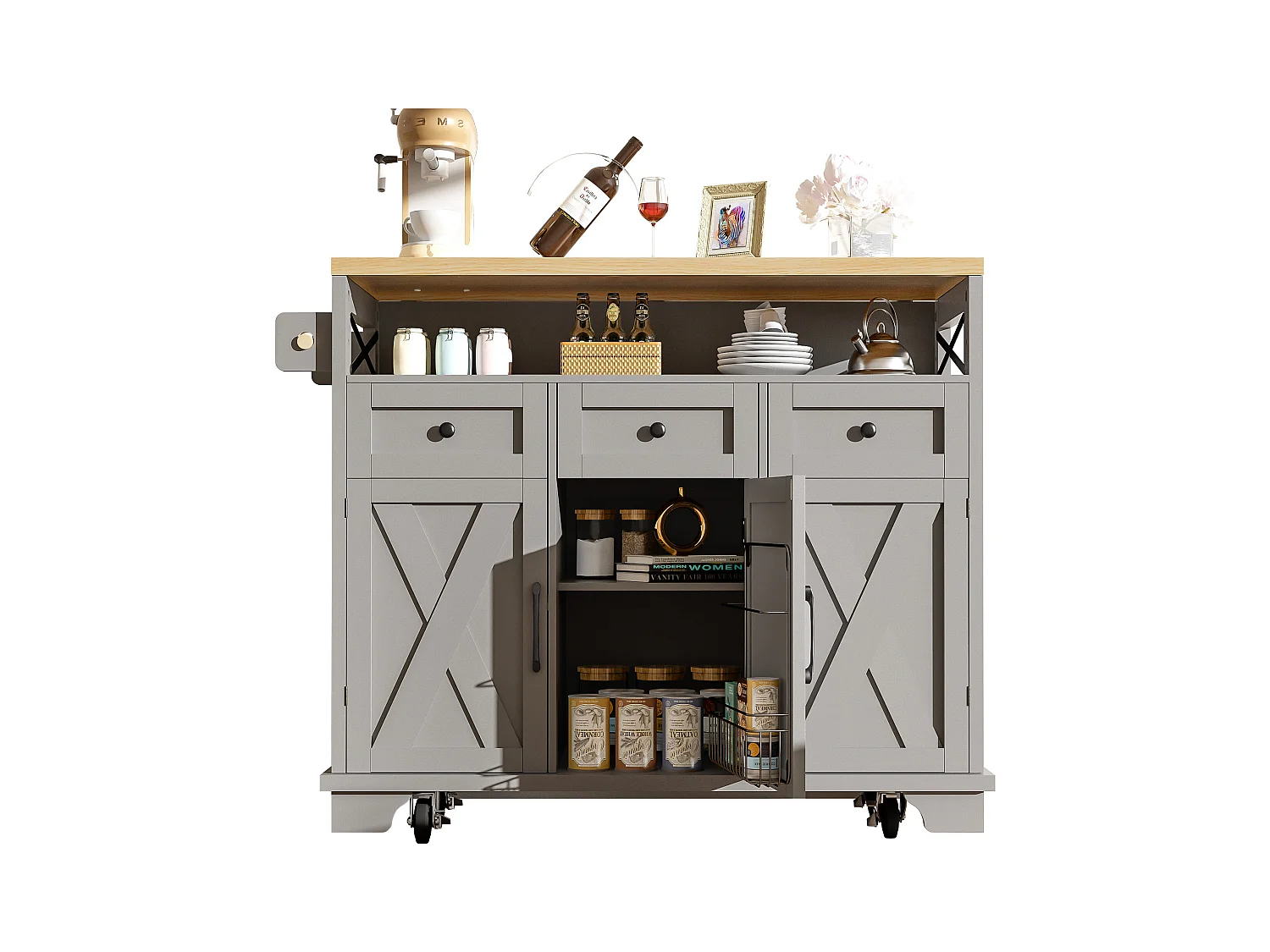 Szara wyspa kuchenna z 3 drzwiami i 3 szufladami – Wózek kuchenny z wieszakiem na ręczniki i otwartą przestrzenią do przechowywania – składany blat