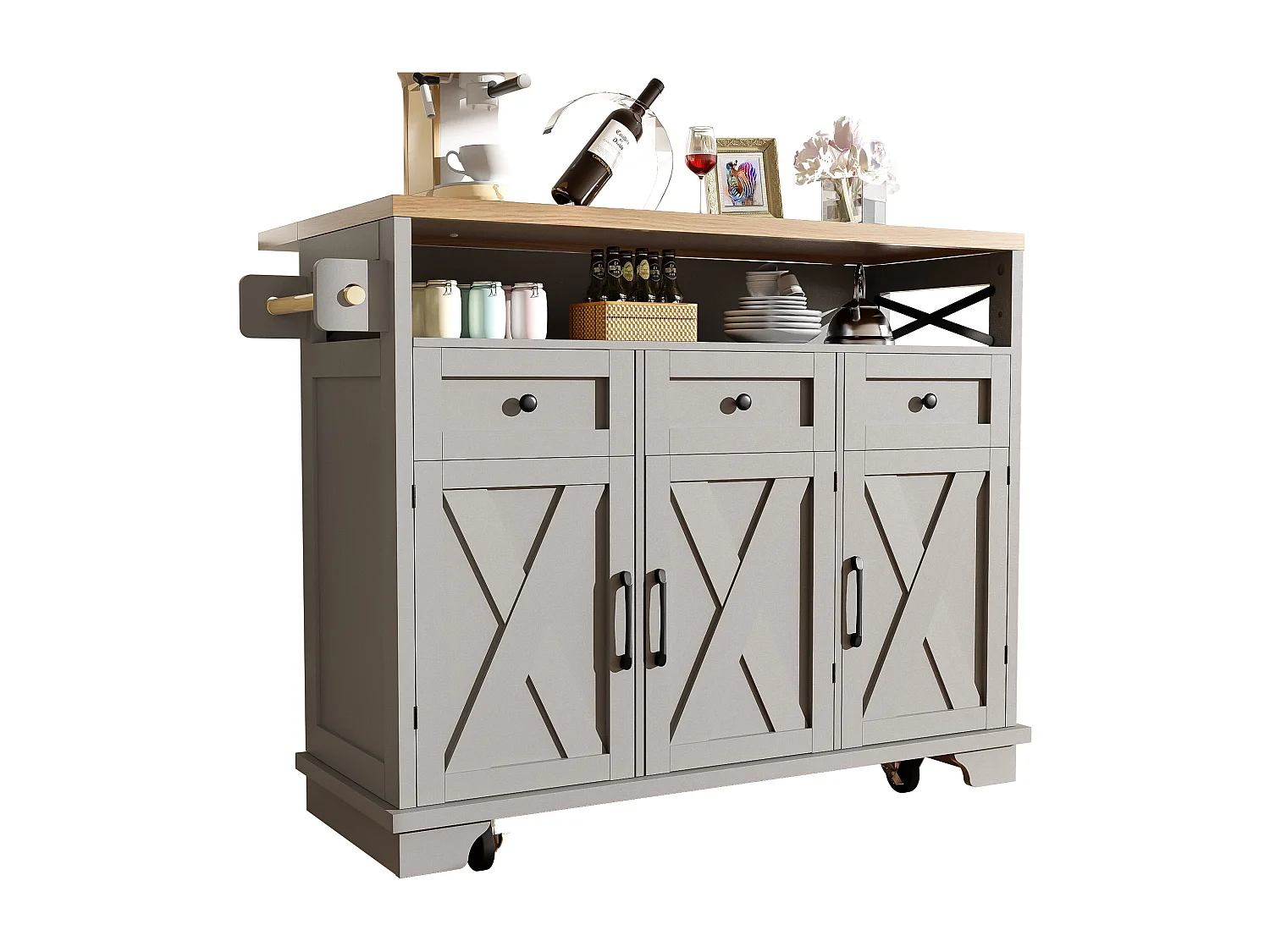 Szara wyspa kuchenna z 3 drzwiami i 3 szufladami – Wózek kuchenny z wieszakiem na ręczniki i otwartą przestrzenią do przechowywania – składany blat