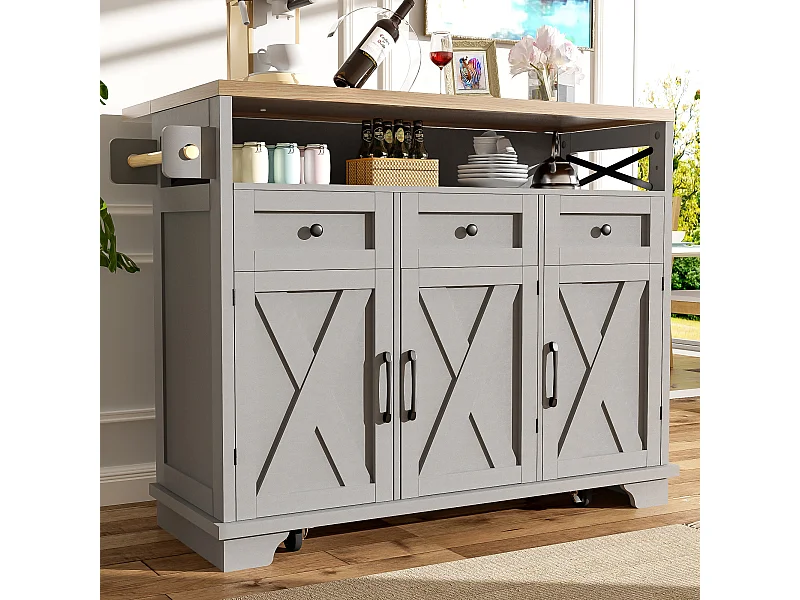 Ilha de cozinha cinzenta com 3 portas e 3 gavetas - Carrinho de cozinha com toalheiro e compartimento aberto - compartimento rebatível