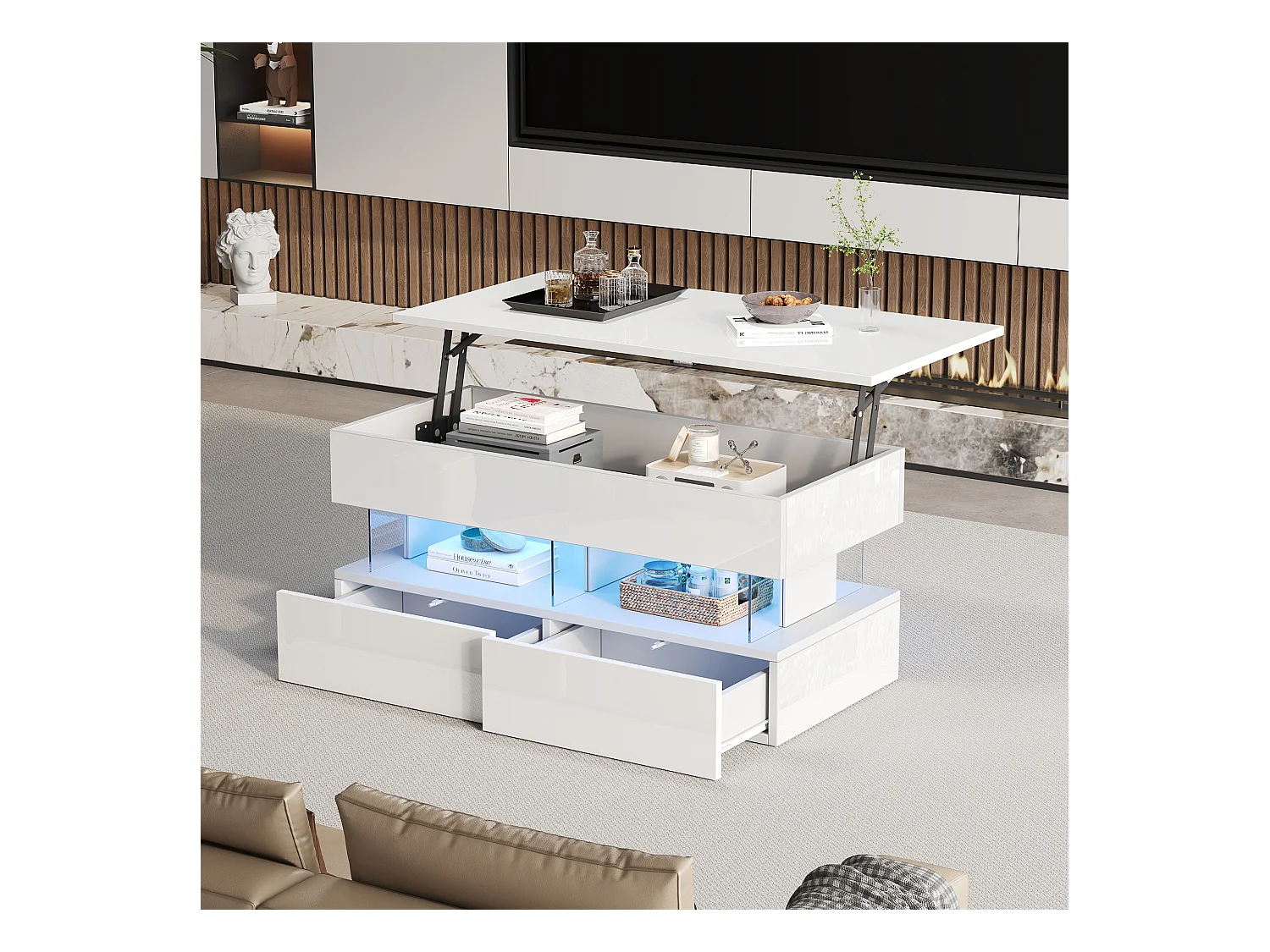 Table basse blanc avec éclairage LED - Table basse avec plateau réglable en hauteur et 2 tiroirs - rangement dissimulé