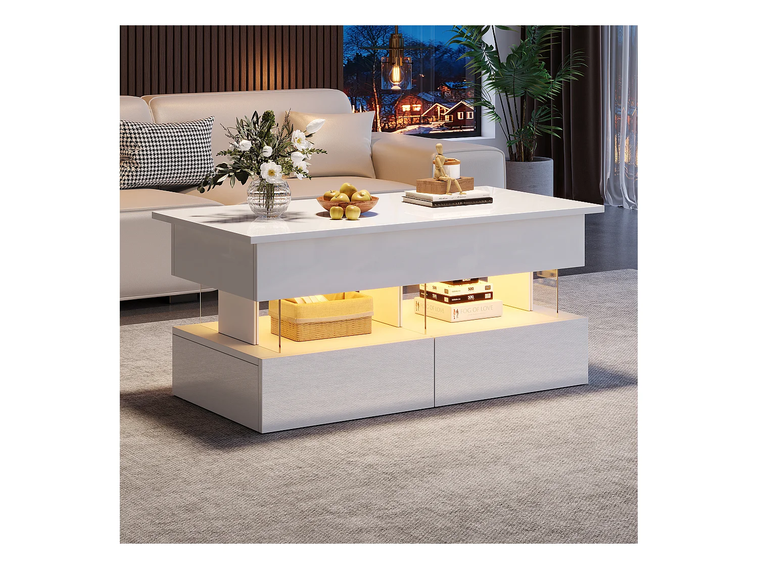 Table basse blanc avec éclairage LED - Table basse avec plateau réglable en hauteur et 2 tiroirs - rangement dissimulé