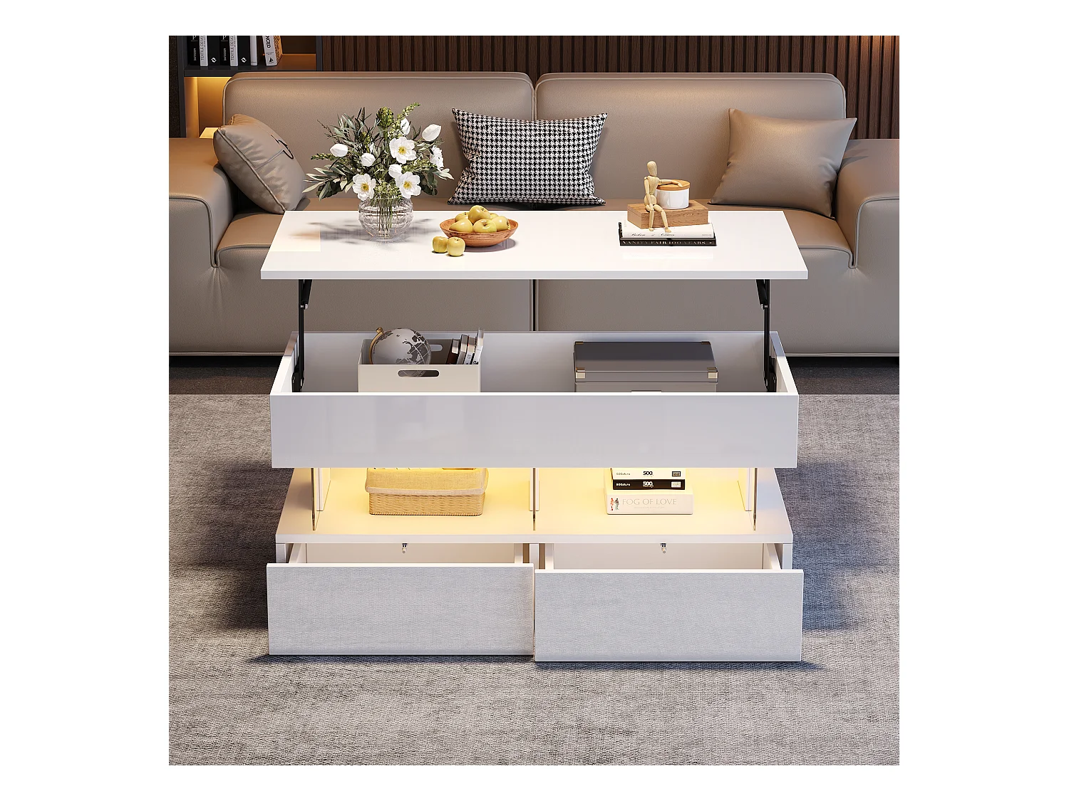 Table basse blanc avec éclairage LED - Table basse avec plateau réglable en hauteur et 2 tiroirs - rangement dissimulé