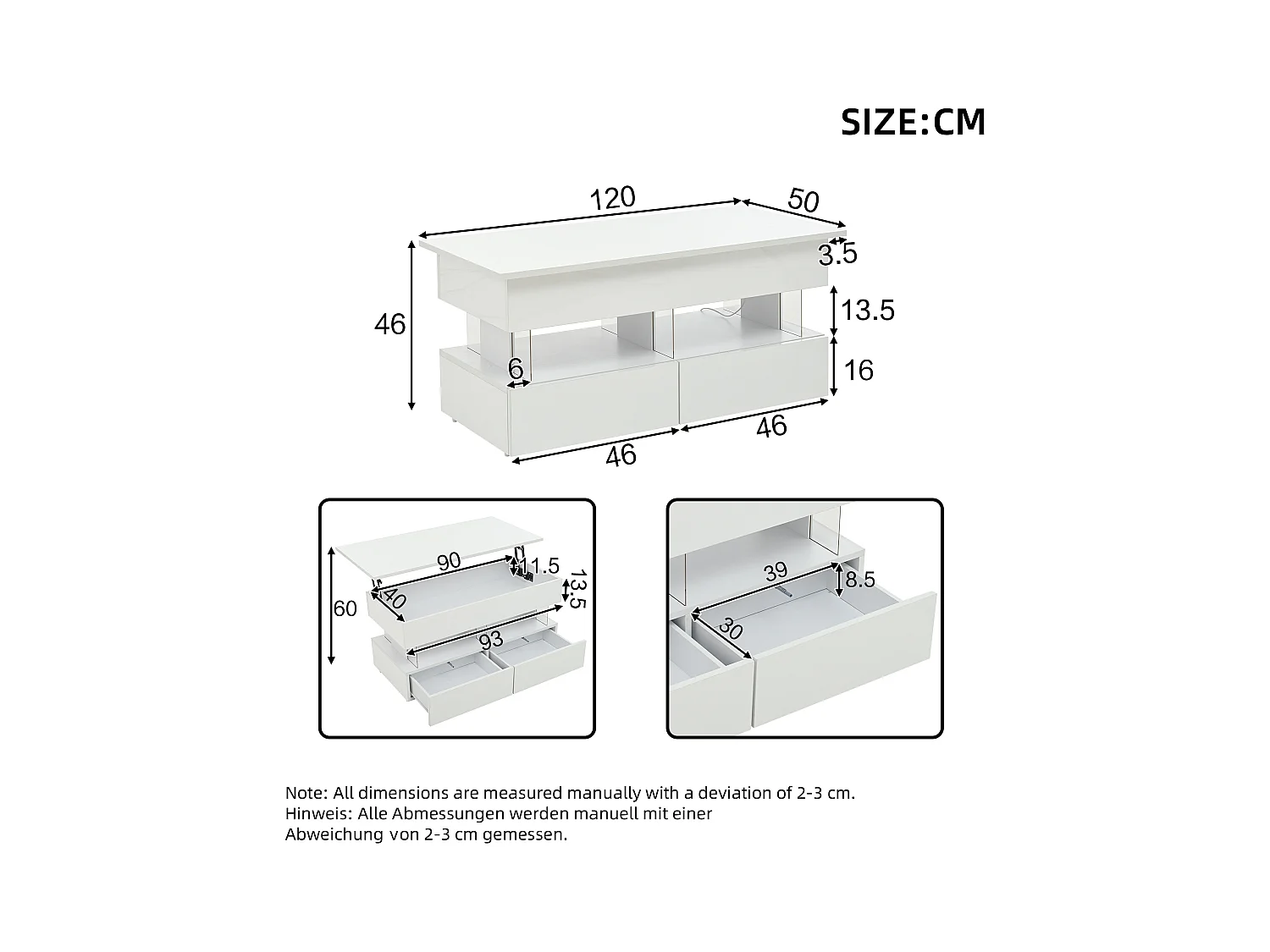 Table basse blanc avec éclairage LED - Table basse avec plateau réglable en hauteur et 2 tiroirs - rangement dissimulé
