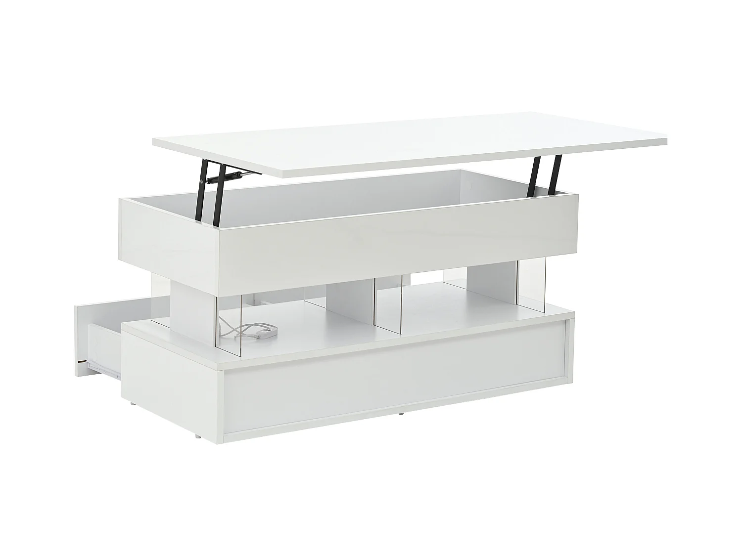 Table basse blanc avec éclairage LED - Table basse avec plateau réglable en hauteur et 2 tiroirs - rangement dissimulé