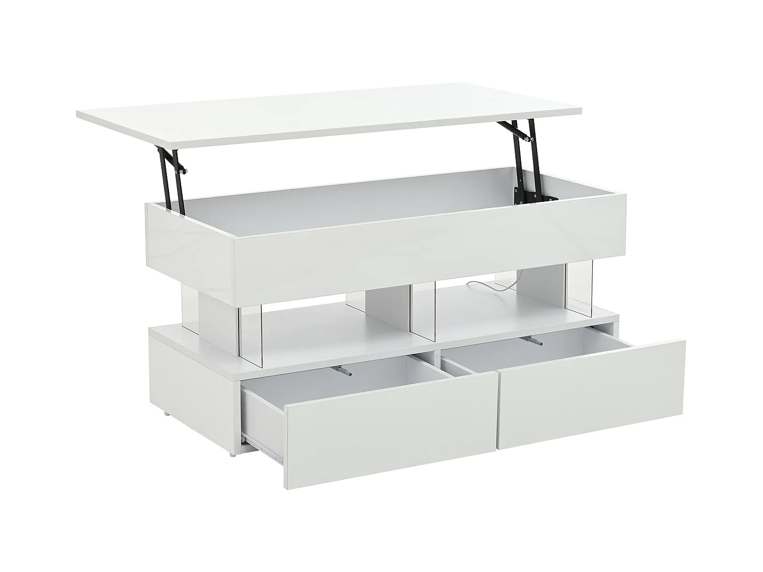 Table basse blanc avec éclairage LED - Table basse avec plateau réglable en hauteur et 2 tiroirs - rangement dissimulé