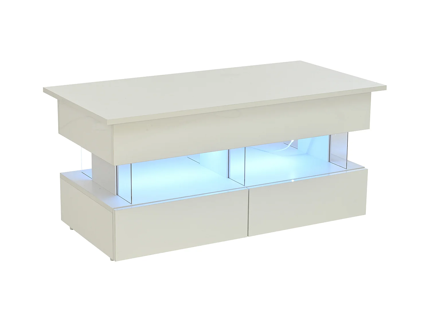 Table basse blanc avec éclairage LED - Table basse avec plateau réglable en hauteur et 2 tiroirs - rangement dissimulé