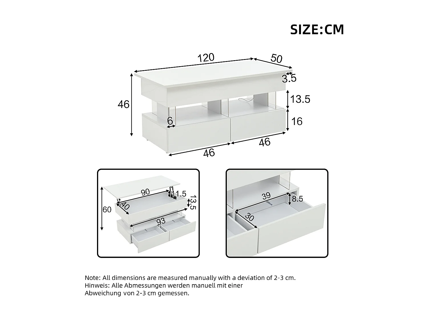 Weißer Couchtisch mit LED-Beleuchtung – Couchtisch mit höhenverstellbarer Platte und 2 Schubladen – versteckter stauraum