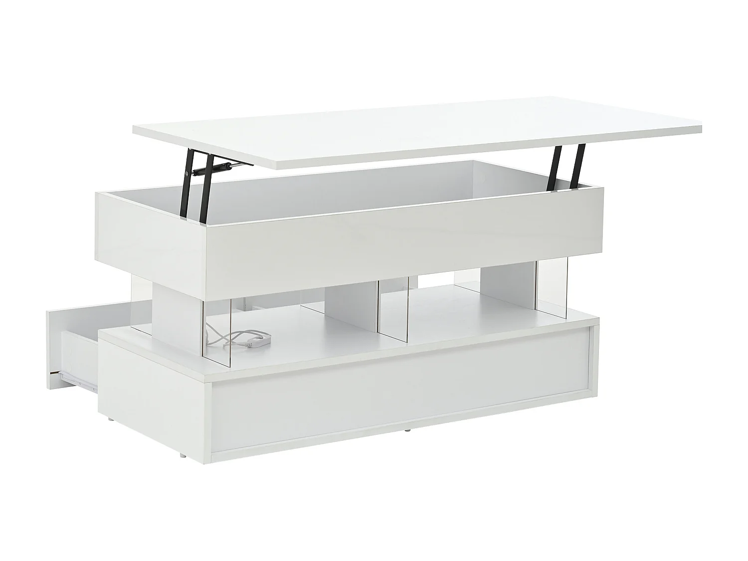Weißer Couchtisch mit LED-Beleuchtung – Couchtisch mit höhenverstellbarer Platte und 2 Schubladen – versteckter stauraum