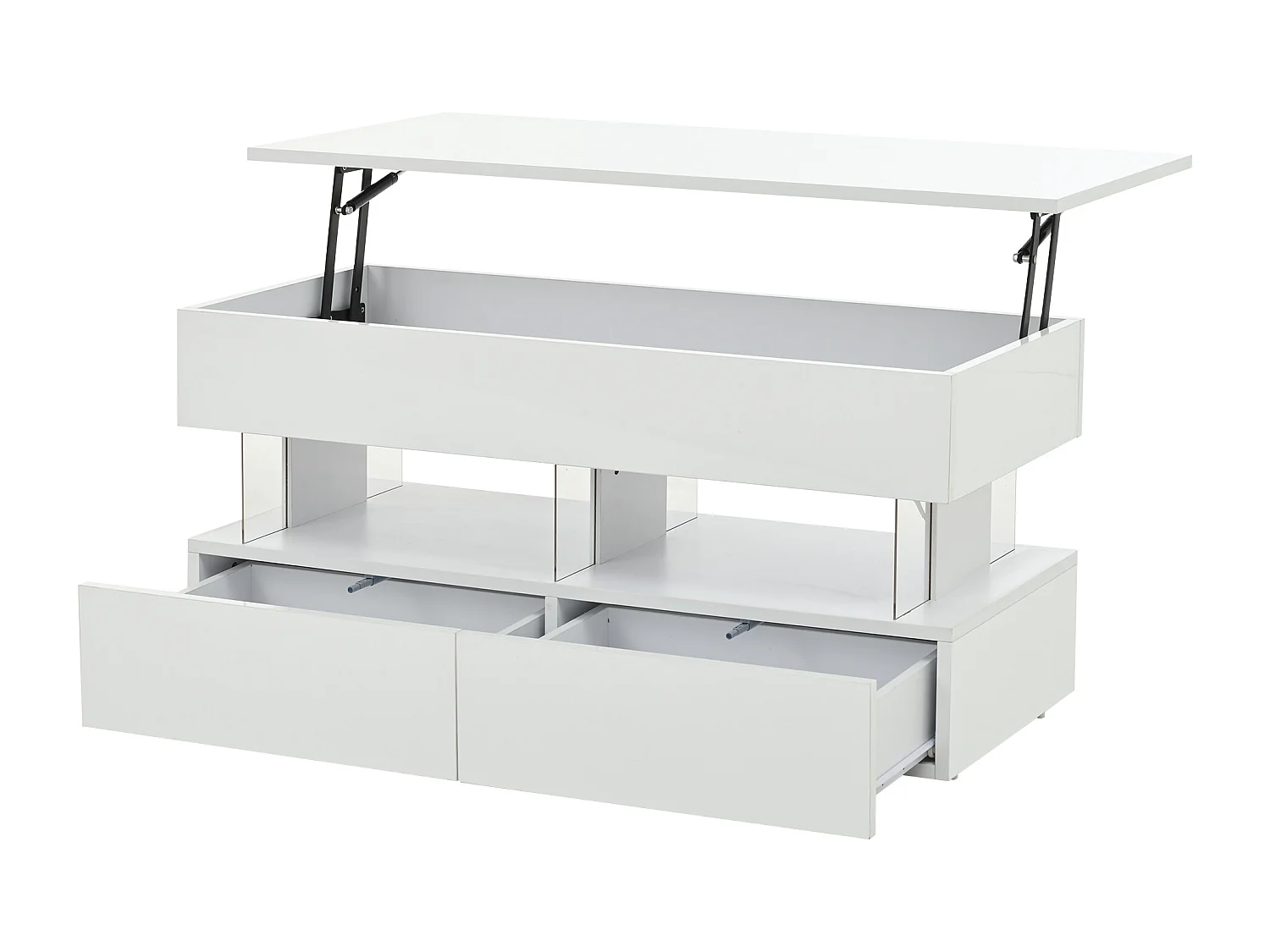 Weißer Couchtisch mit LED-Beleuchtung – Couchtisch mit höhenverstellbarer Platte und 2 Schubladen – versteckter stauraum