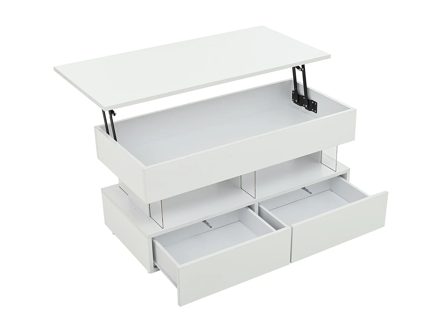 Weißer Couchtisch mit LED-Beleuchtung – Couchtisch mit höhenverstellbarer Platte und 2 Schubladen – versteckter stauraum