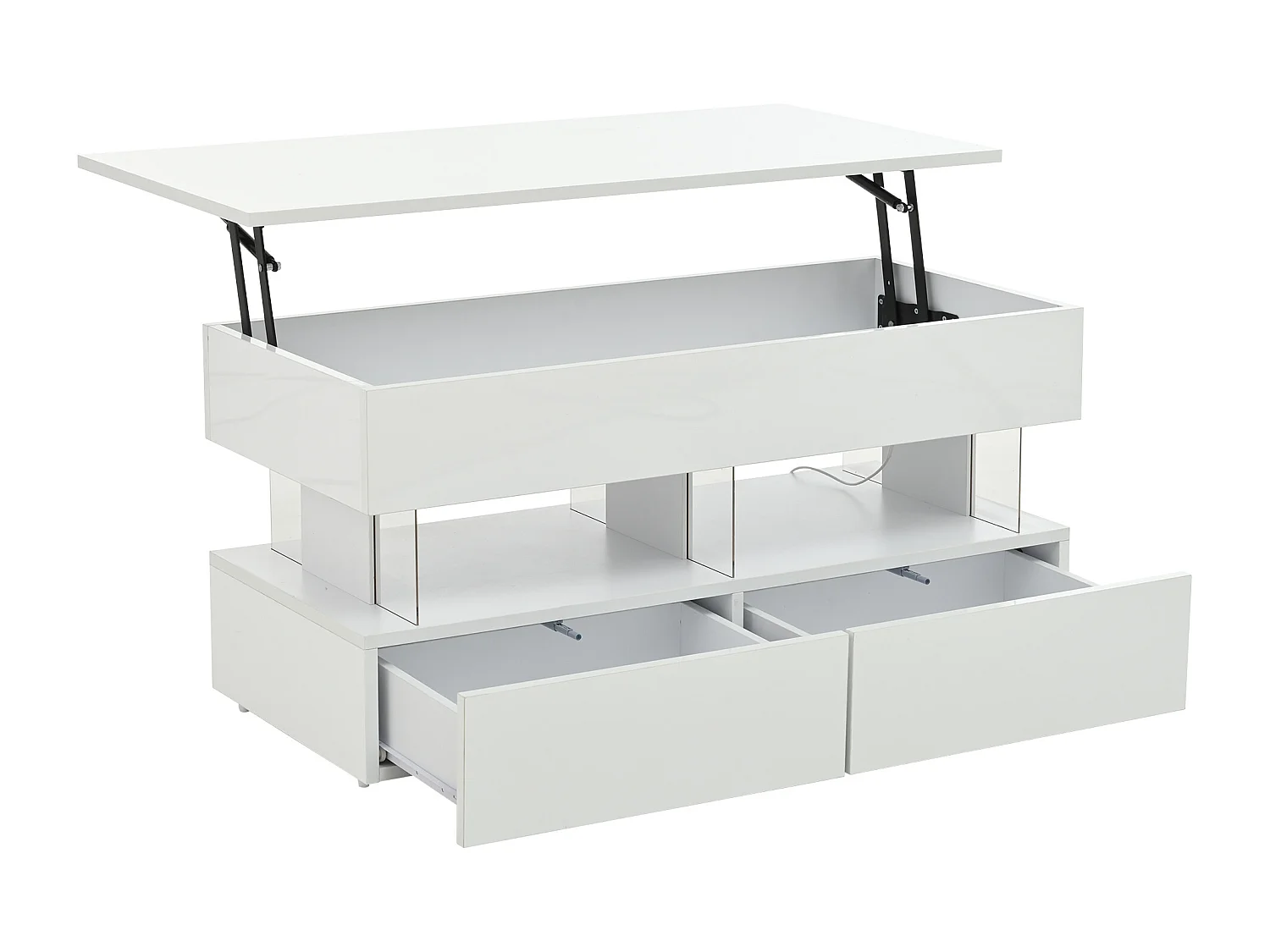 Weißer Couchtisch mit LED-Beleuchtung – Couchtisch mit höhenverstellbarer Platte und 2 Schubladen – versteckter stauraum
