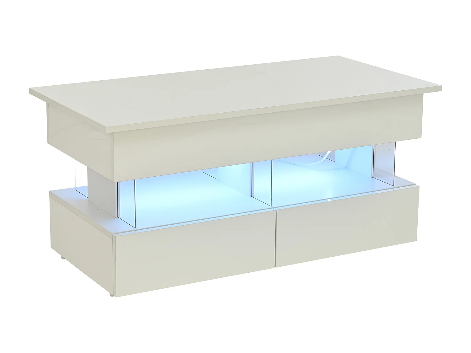 Weißer Couchtisch mit LED-Beleuchtung – Couchtisch mit höhenverstellbarer Platte und 2 Schubladen – versteckter stauraum