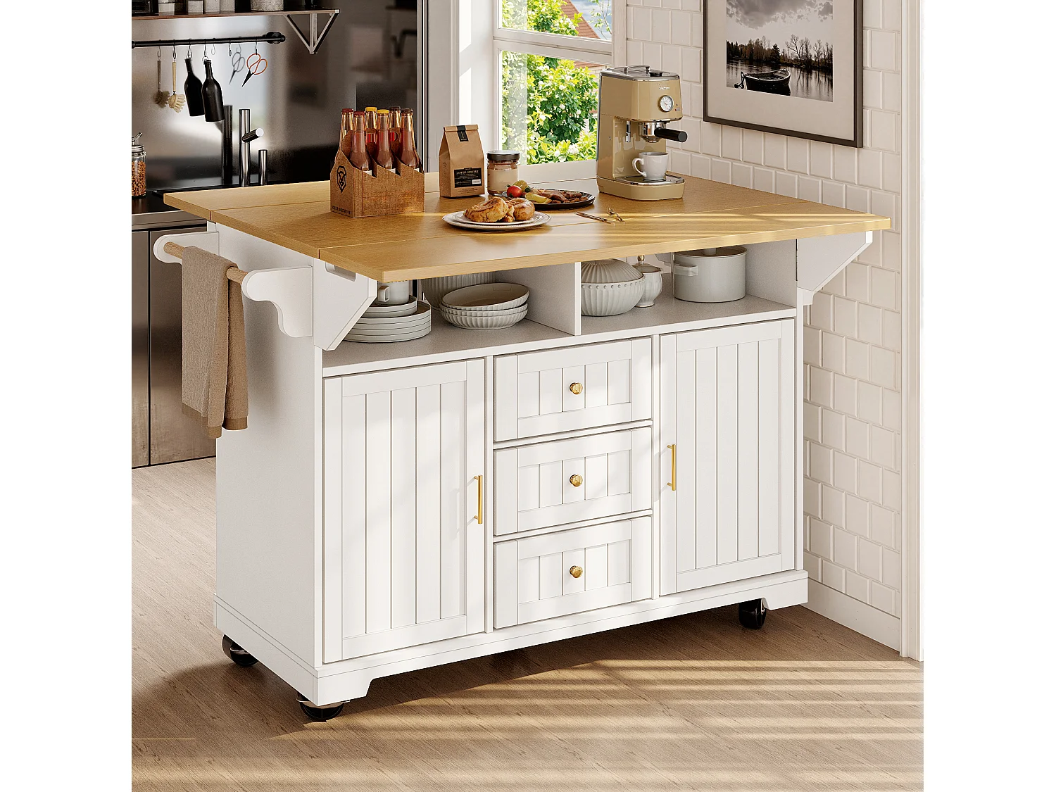 Carrinho de cozinha branco com tampo rebatível - Ilha central com 2 portas e 3 gavetas - Toalheiro e porta-tempero