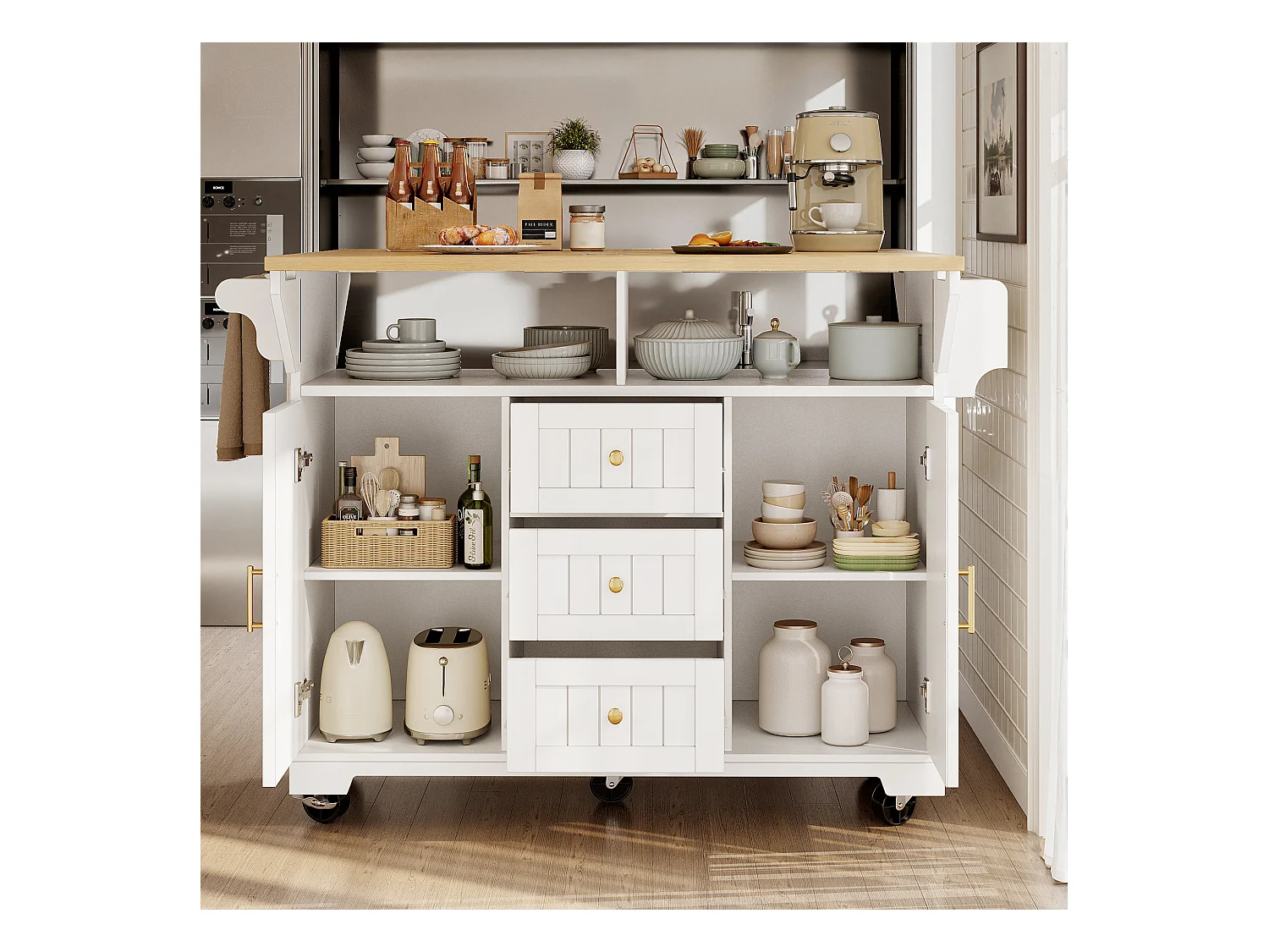 Carrinho de cozinha branco com tampo rebatível - Ilha central com 2 portas e 3 gavetas - Toalheiro e porta-tempero