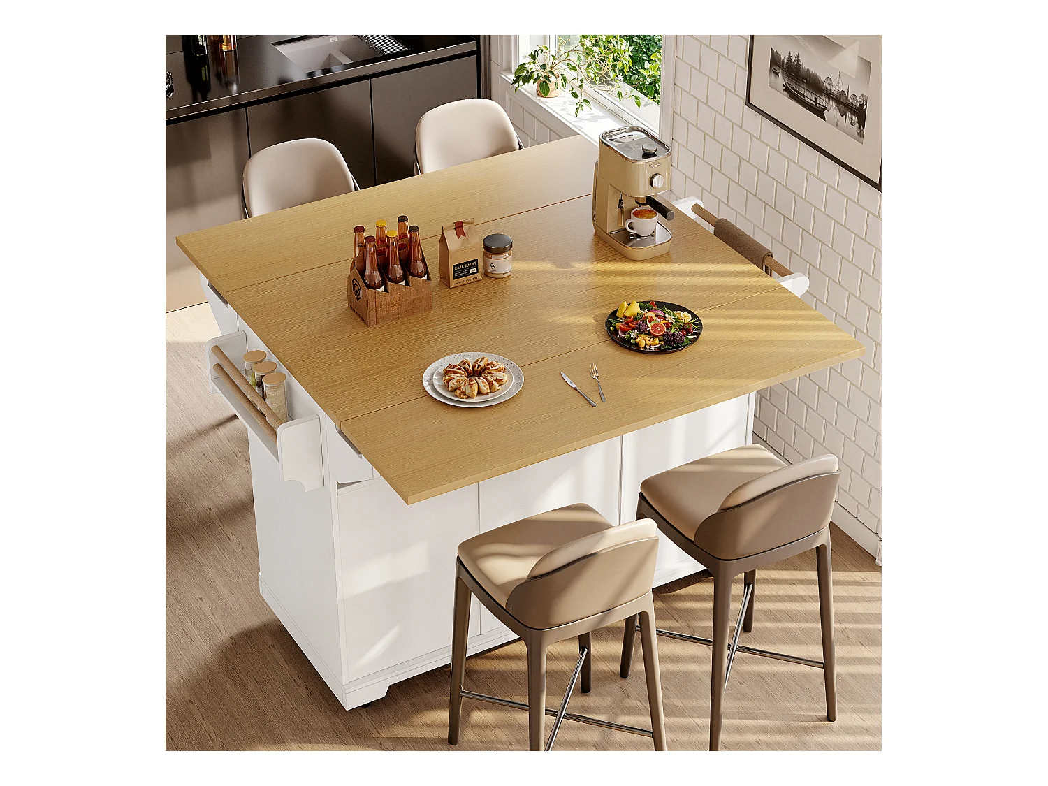 Carrinho de cozinha branco com tampo rebatível - Ilha central com 2 portas e 3 gavetas - Toalheiro e porta-tempero