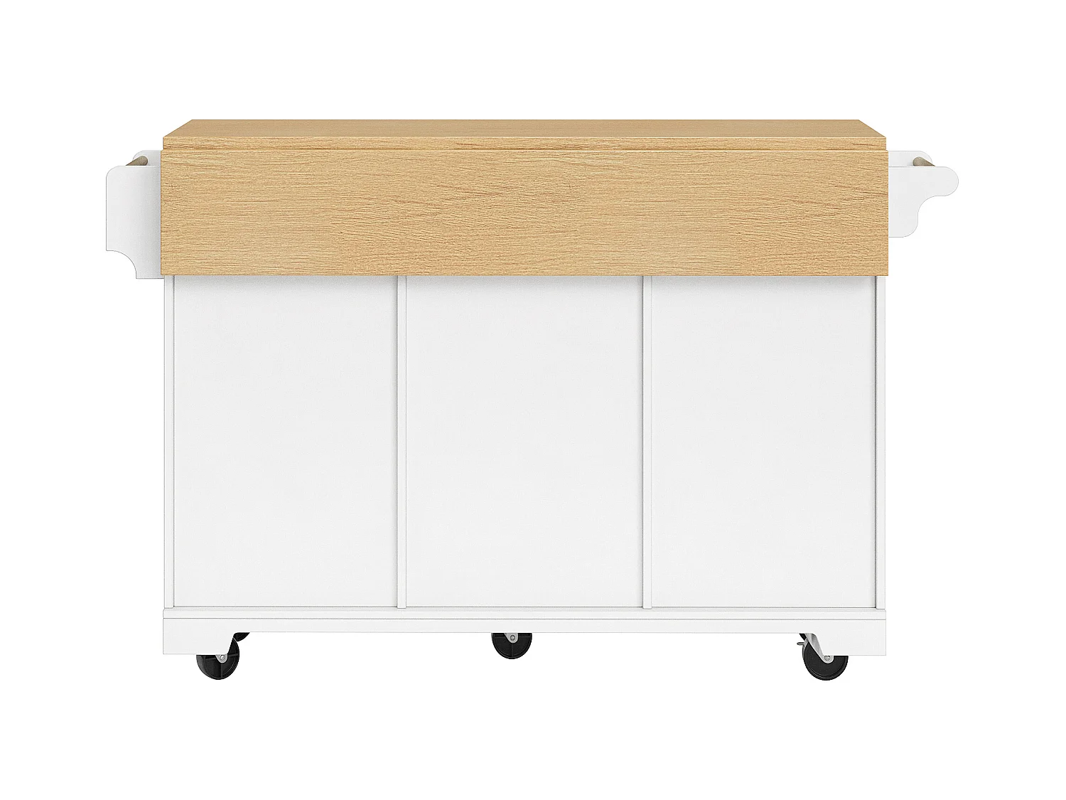 Carrinho de cozinha branco com tampo rebatível - Ilha central com 2 portas e 3 gavetas - Toalheiro e porta-tempero