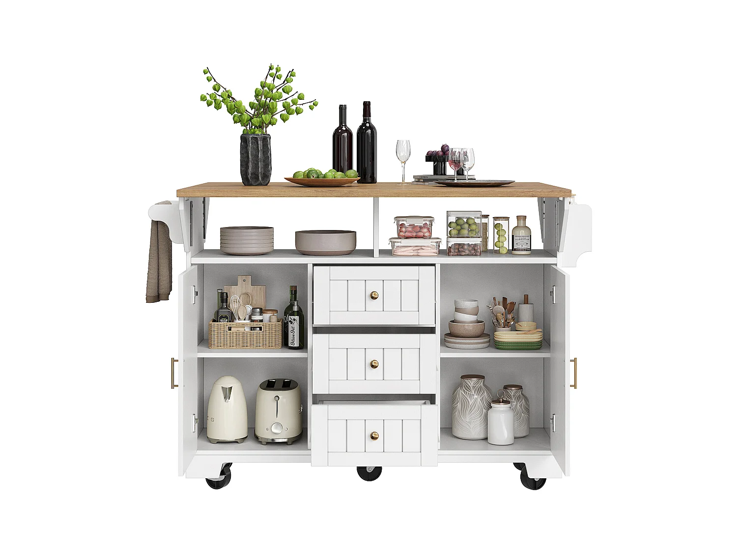 Carrinho de cozinha branco com tampo rebatível - Ilha central com 2 portas e 3 gavetas - Toalheiro e porta-tempero