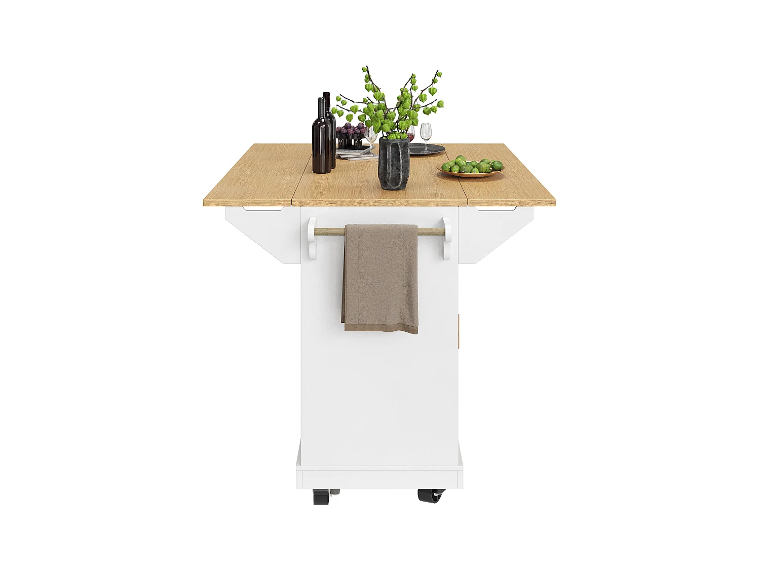 Carrinho de cozinha branco com tampo rebatível - Ilha central com 2 portas e 3 gavetas - Toalheiro e porta-tempero