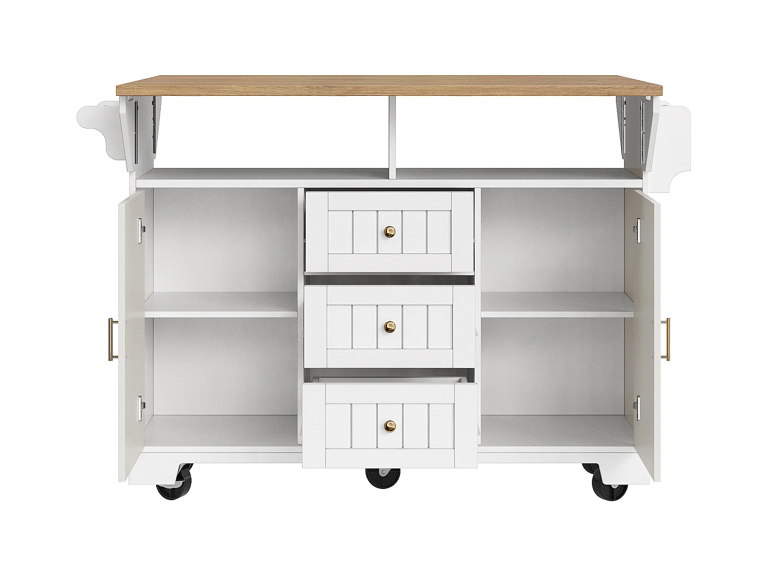 Carrinho de cozinha branco com tampo rebatível - Ilha central com 2 portas e 3 gavetas - Toalheiro e porta-tempero