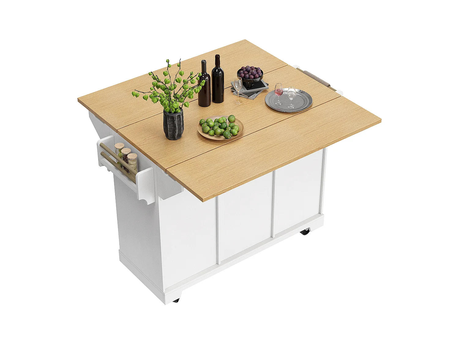 Carrinho de cozinha branco com tampo rebatível - Ilha central com 2 portas e 3 gavetas - Toalheiro e porta-tempero