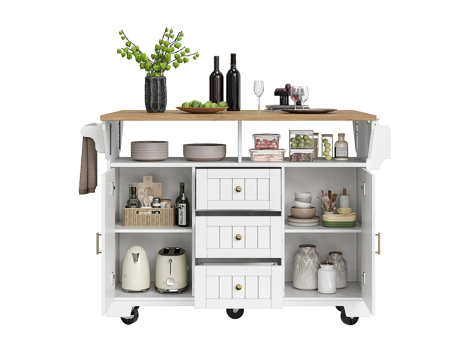 Biały wózek kuchenny ze składanym blatem - Wyspa centralna z 2 drzwiami i 3 szufladami - Wieszak na ręczniki i przyprawy