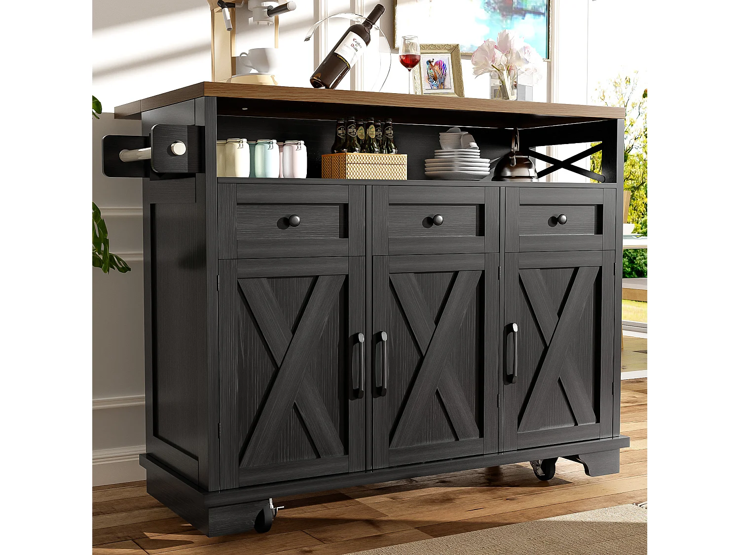 Îlot central de cuisine noir à 3 portes et 3 tiroirs - Desserte de cuisine avec porte-serviettes et rangement ouvert - plateau pliable