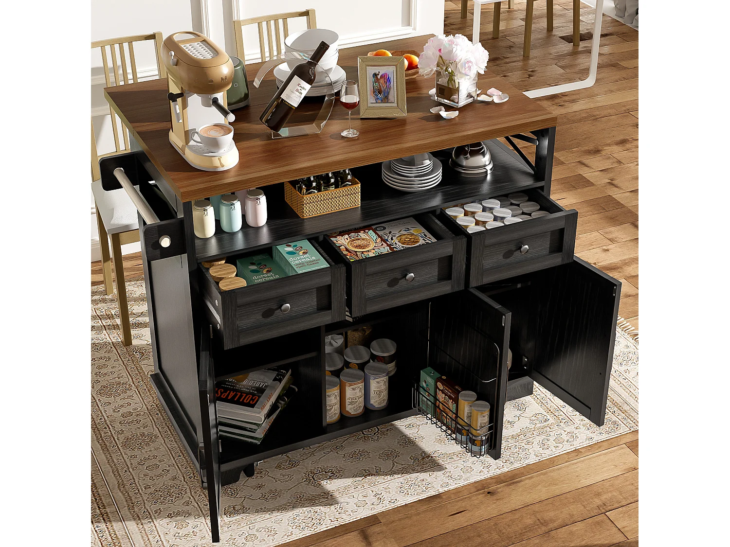 Îlot central de cuisine noir à 3 portes et 3 tiroirs - Desserte de cuisine avec porte-serviettes et rangement ouvert - plateau pliable