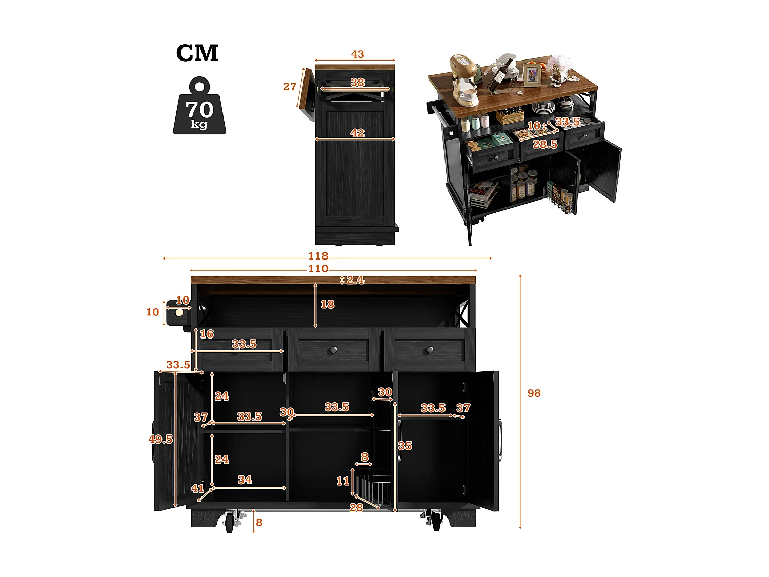 Îlot central de cuisine noir à 3 portes et 3 tiroirs - Desserte de cuisine avec porte-serviettes et rangement ouvert - plateau pliable