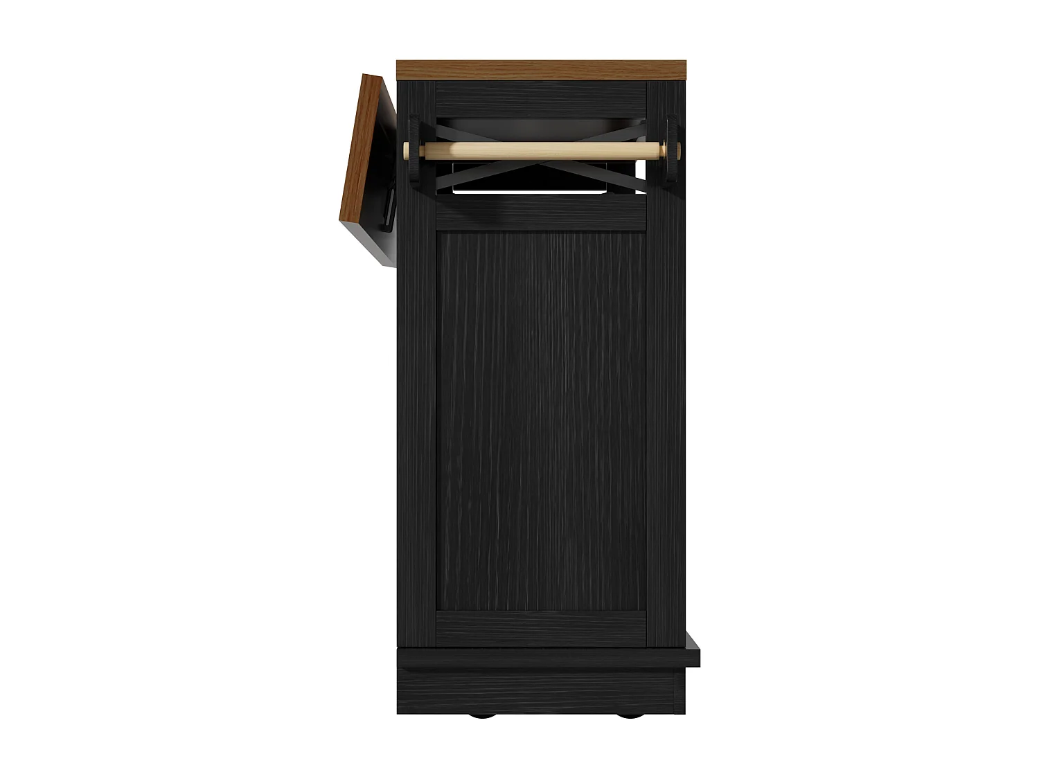 Îlot central de cuisine noir à 3 portes et 3 tiroirs - Desserte de cuisine avec porte-serviettes et rangement ouvert - plateau pliable