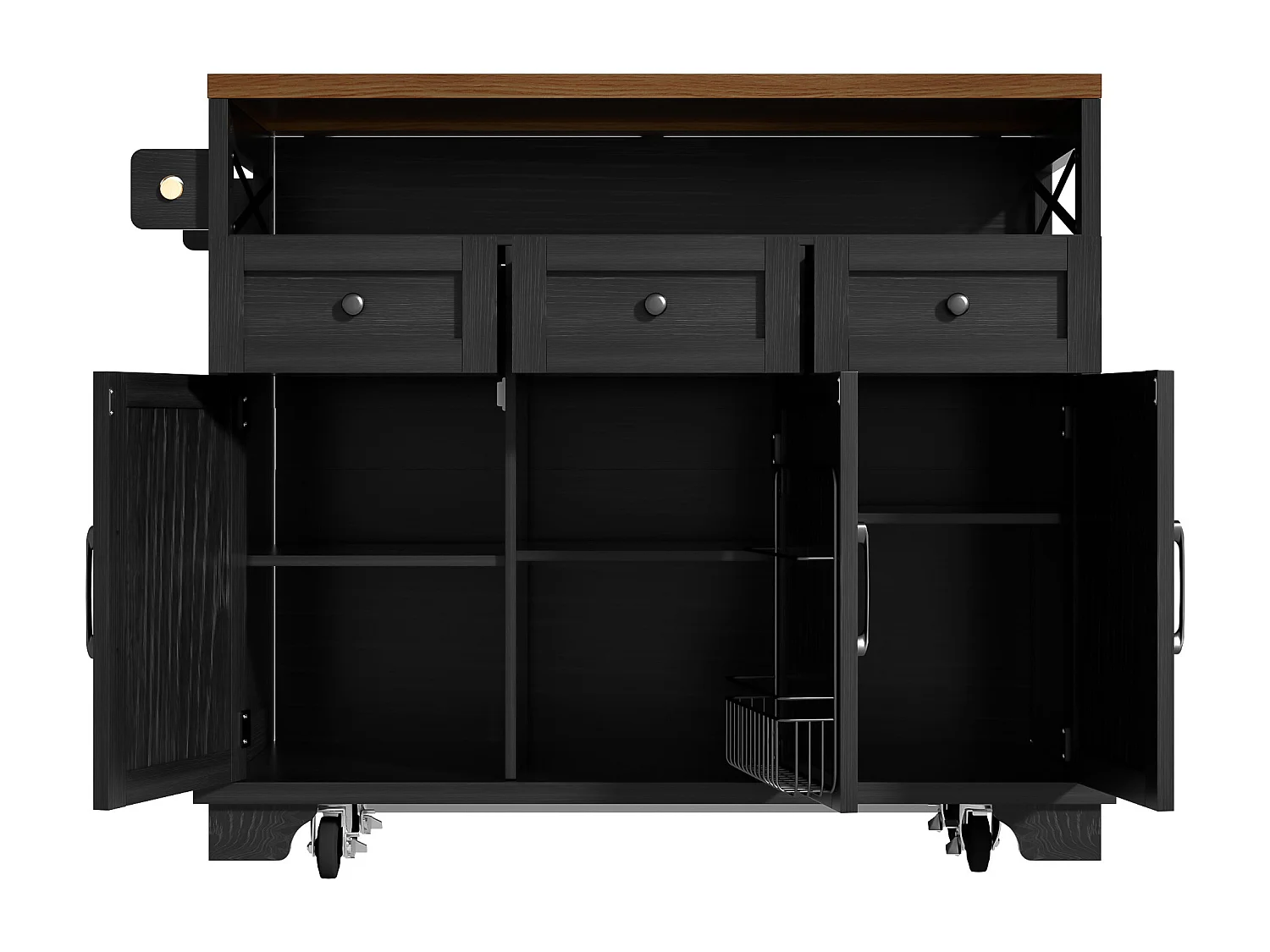 Îlot central de cuisine noir à 3 portes et 3 tiroirs - Desserte de cuisine avec porte-serviettes et rangement ouvert - plateau pliable