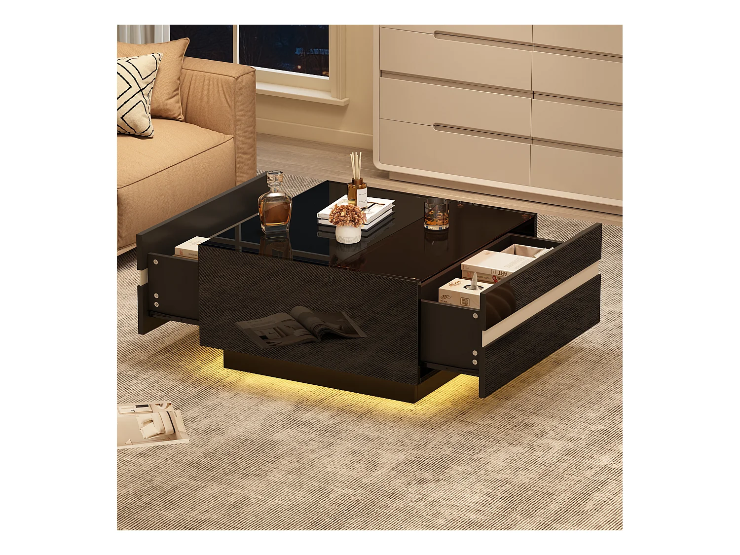 Mesa de centro quadrada preta - Mesa de centro com iluminação LED e 2 gavetas - Borda branca às riscas