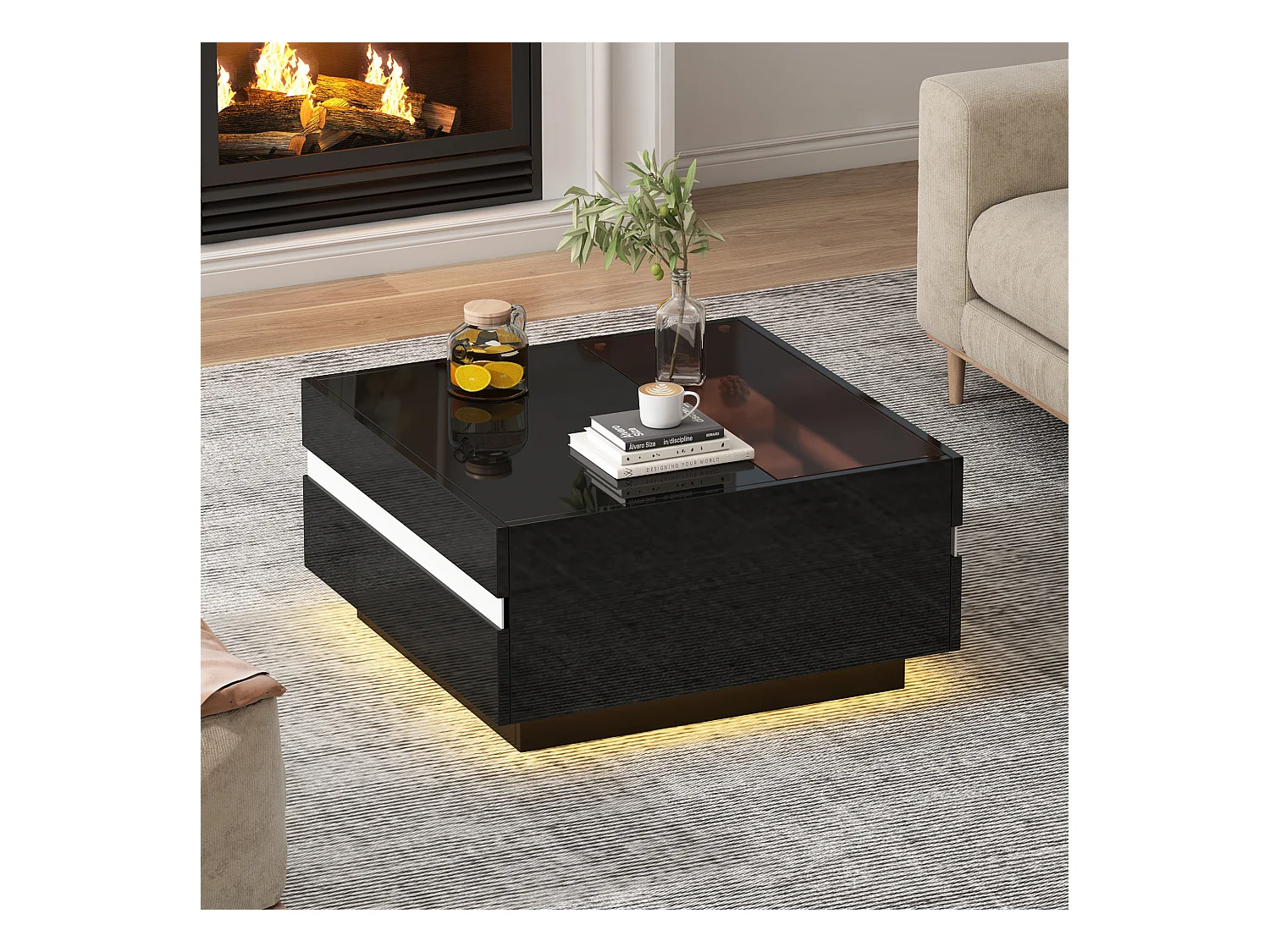 Mesa de centro quadrada preta - Mesa de centro com iluminação LED e 2 gavetas - Borda branca às riscas