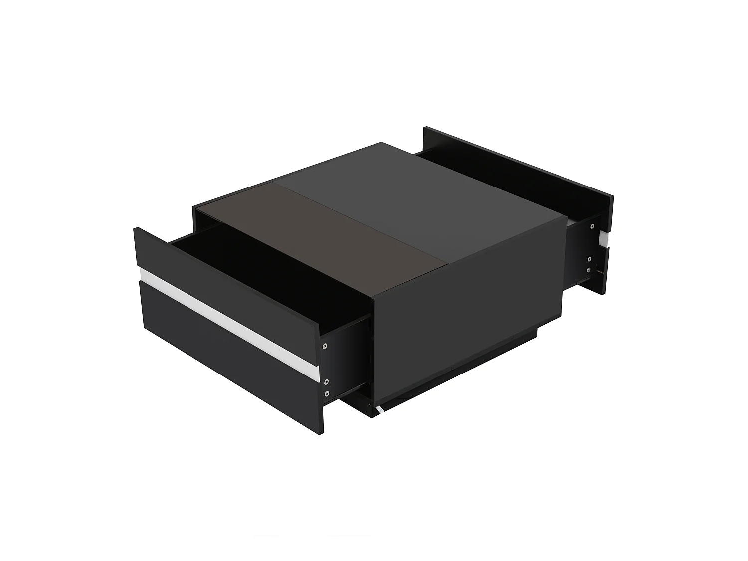 Mesa de centro quadrada preta - Mesa de centro com iluminação LED e 2 gavetas - Borda branca às riscas